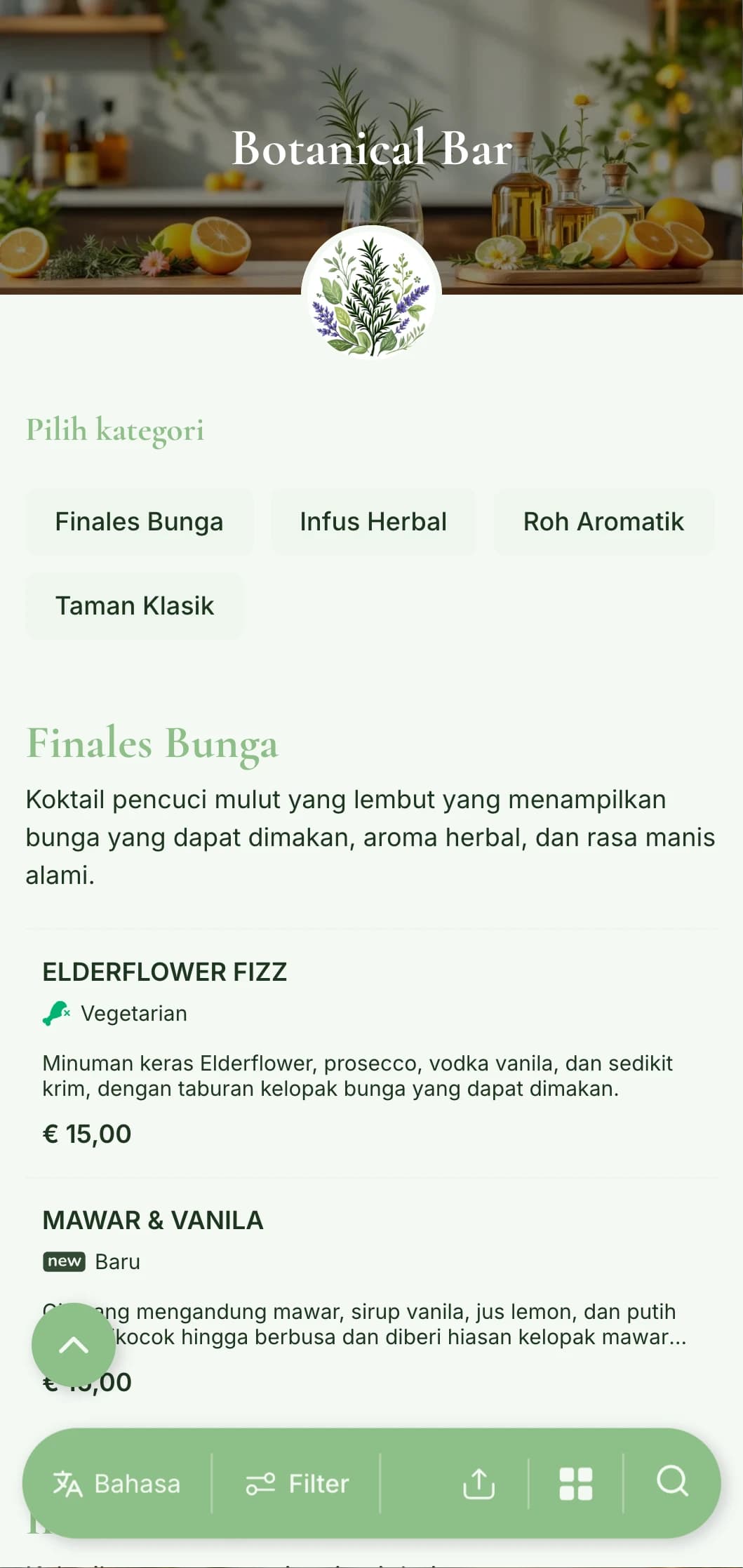 Desain menu segar yang terinspirasi dari taman untuk bar yang berspesialisasi dalam koktail herbal dan botani.
