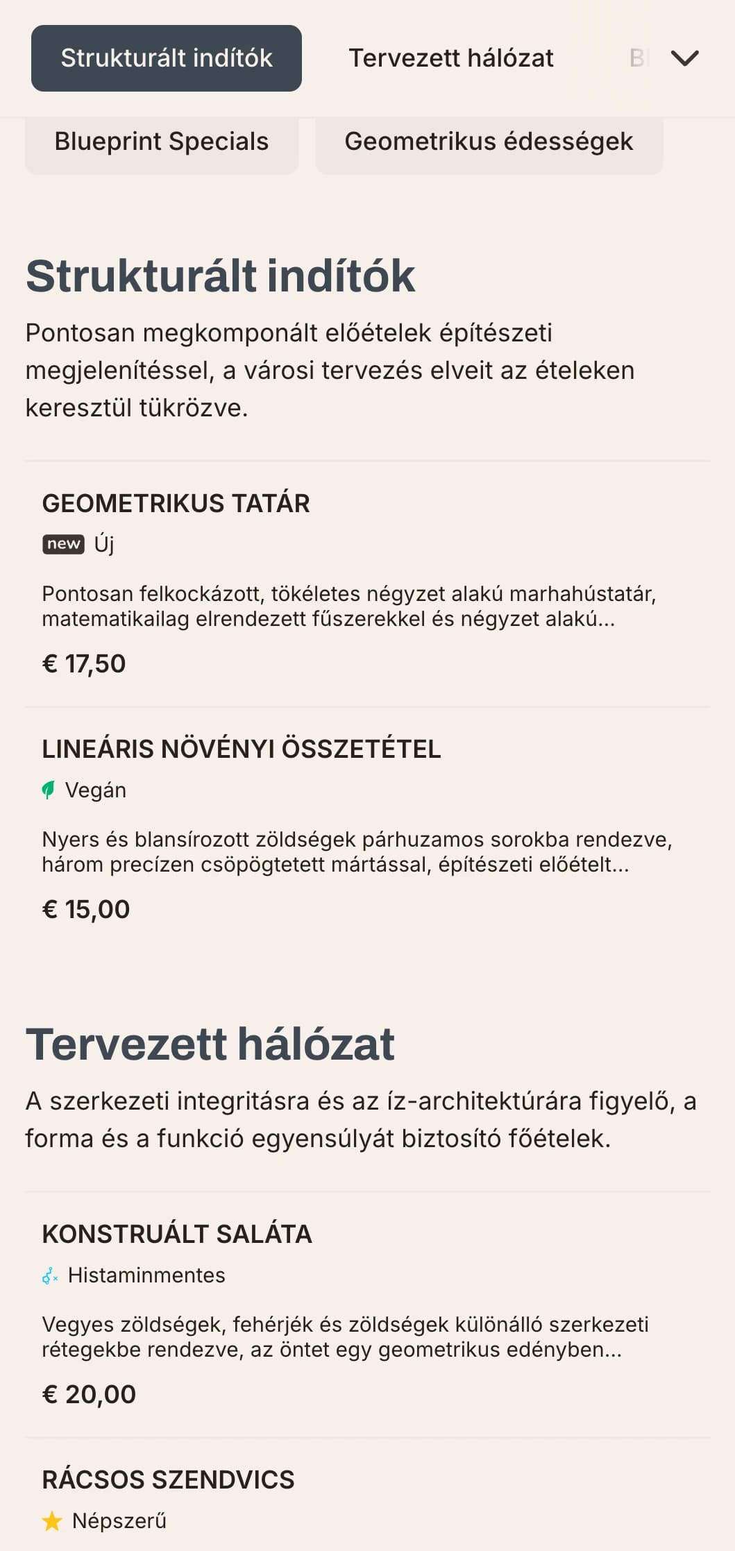 Merész, építészeti ebédmenü dizájn erős vonalakkal és városi elemekkel, ideális kortárs éttermek számára üzleti negyedekben és modern fejlesztésekben.