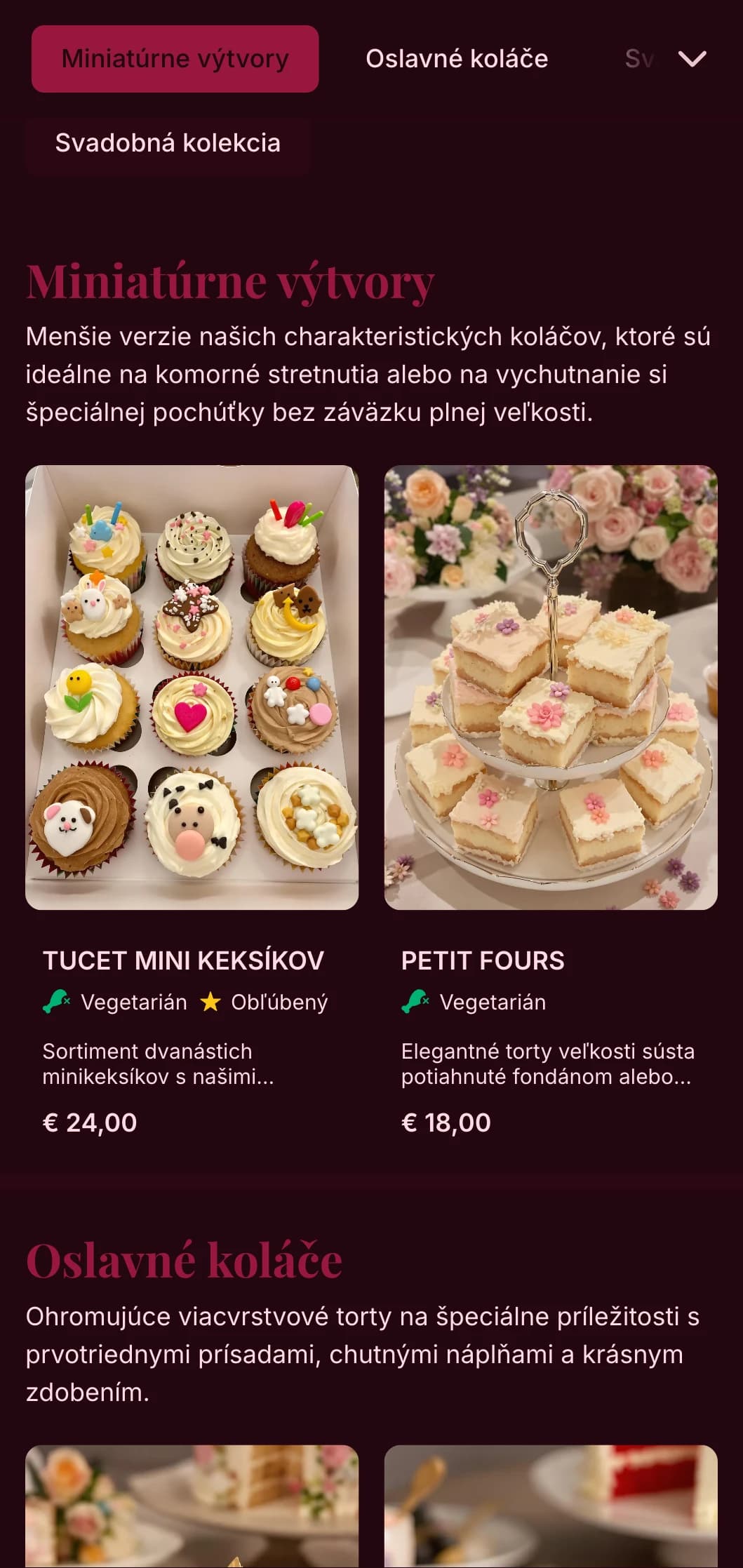 Luxusný, ženský dizajn jedálneho lístka pekárne so sýtymi ružovými tónmi a elegantnou typografiou, ideálny pre luxusné cukrárne a špecialistov na svadobné torty.