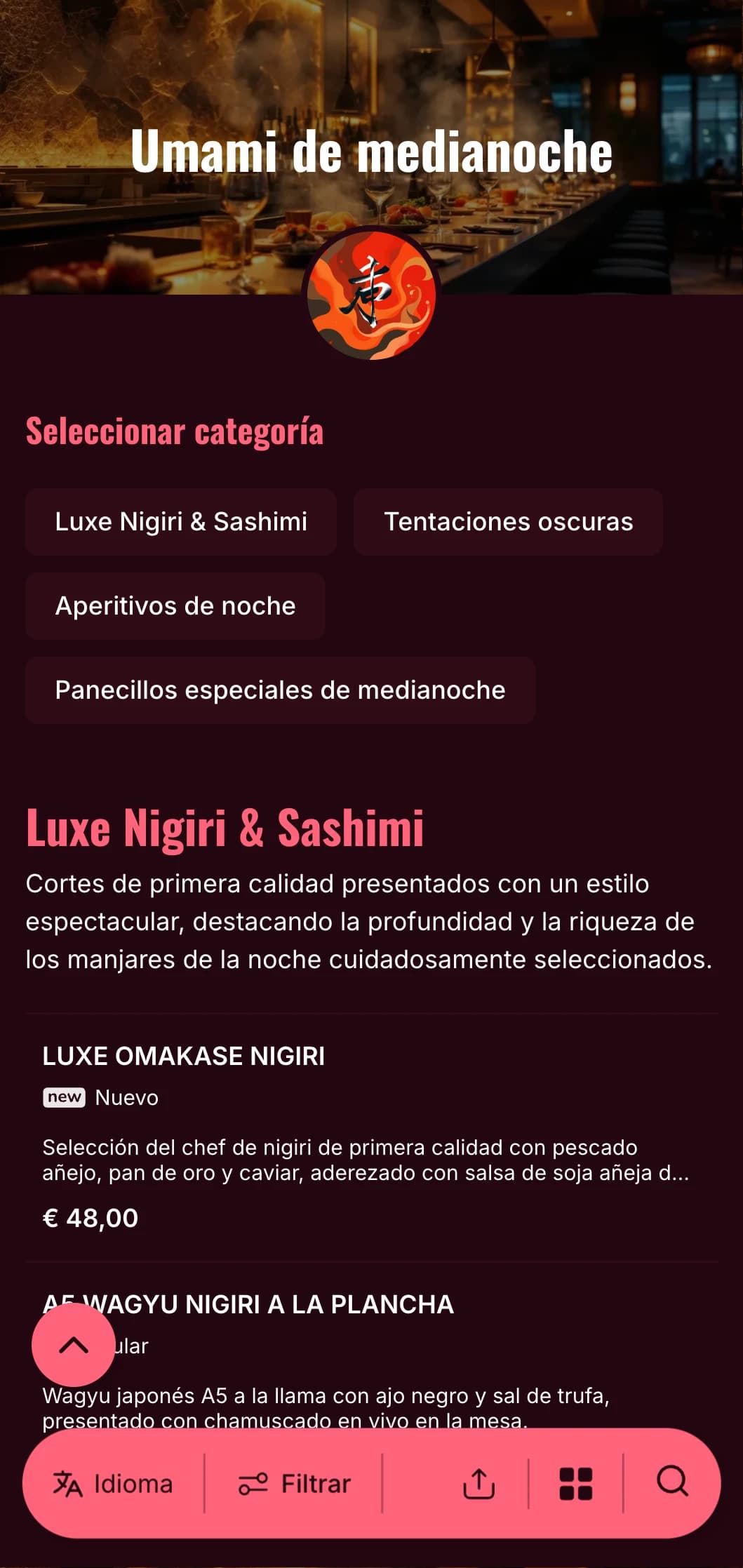 Lujosa experiencia de sushi nocturno con atrevidos contrastes, con un rico burdeos y brillantes acentos sobre un fondo profundo.