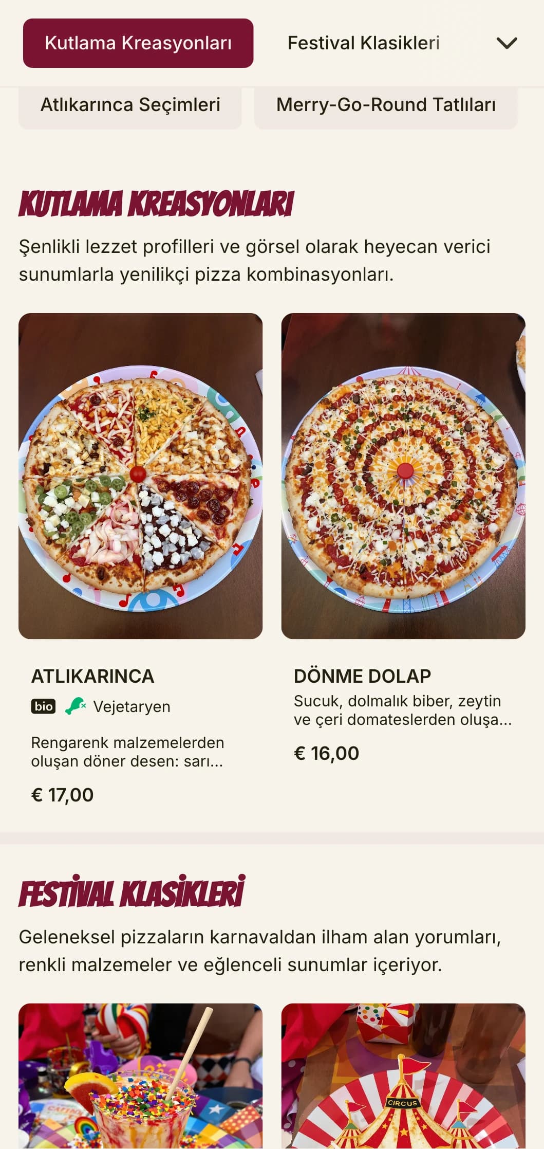 Parlak renkler ve eğlenceli öğeler içeren şenlikli, enerjik pizza menüsü.