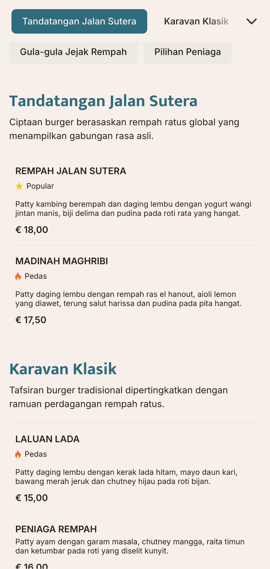Menu burger inspirasi perdagangan rempah yang menampilkan profil perisa global dan rujukan sejarah.