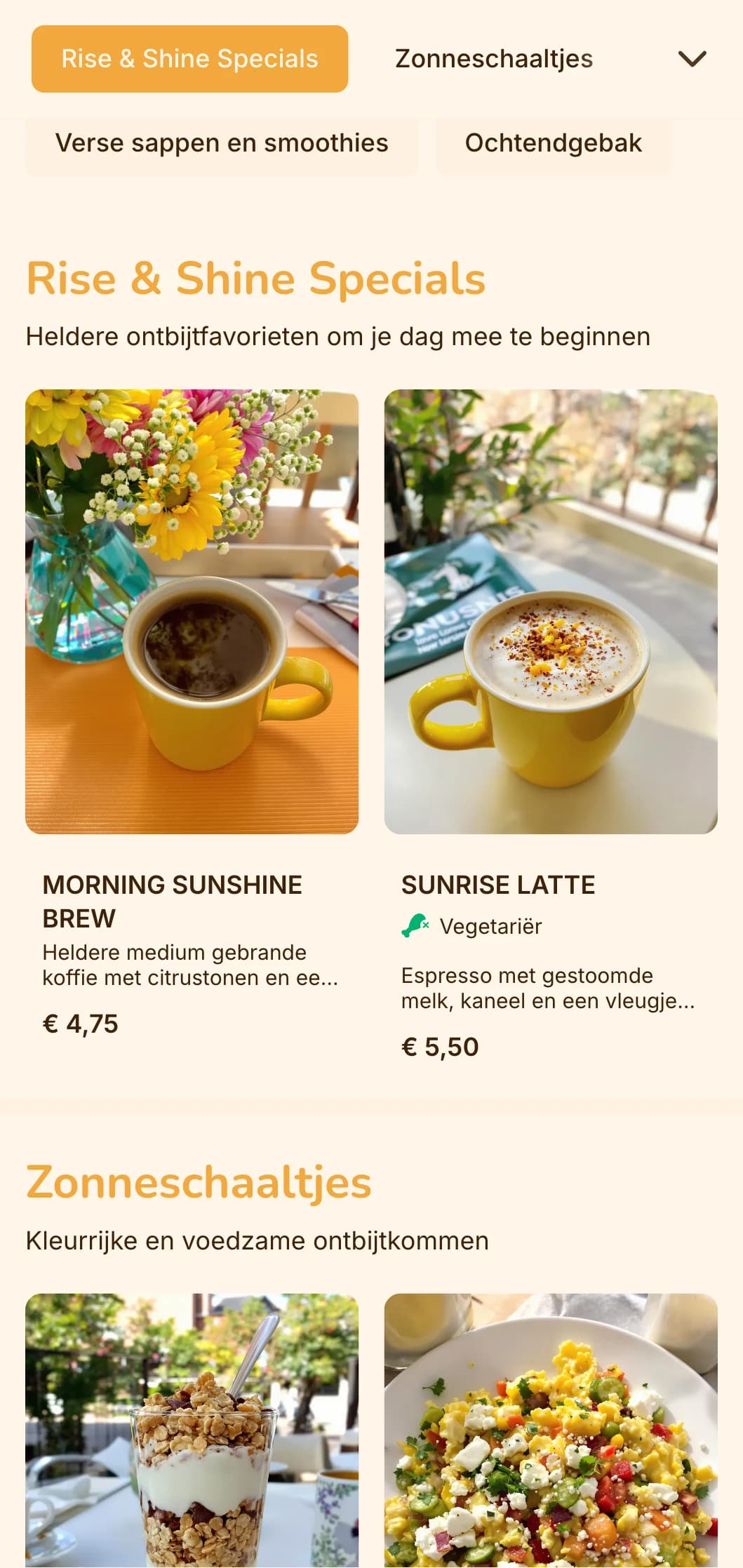 Vrolijk geel en oranje ontwerp met zonnige elementen voor ontbijtrestaurants en brunchgelegenheden.