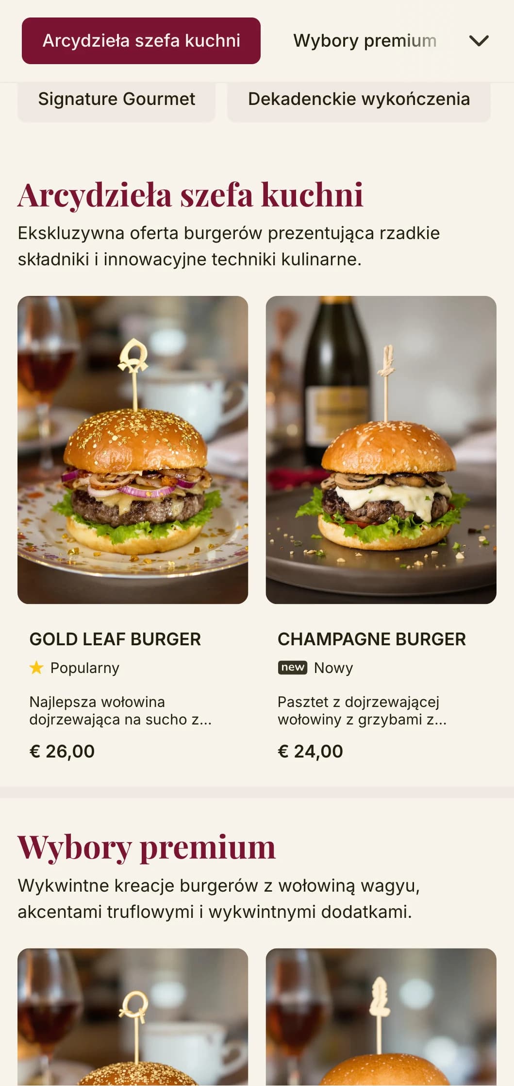 Podwyższona jakość burgerów z wysokiej jakości typografią i bogatą paletą kolorów zapewniającą ekskluzywne doznania.