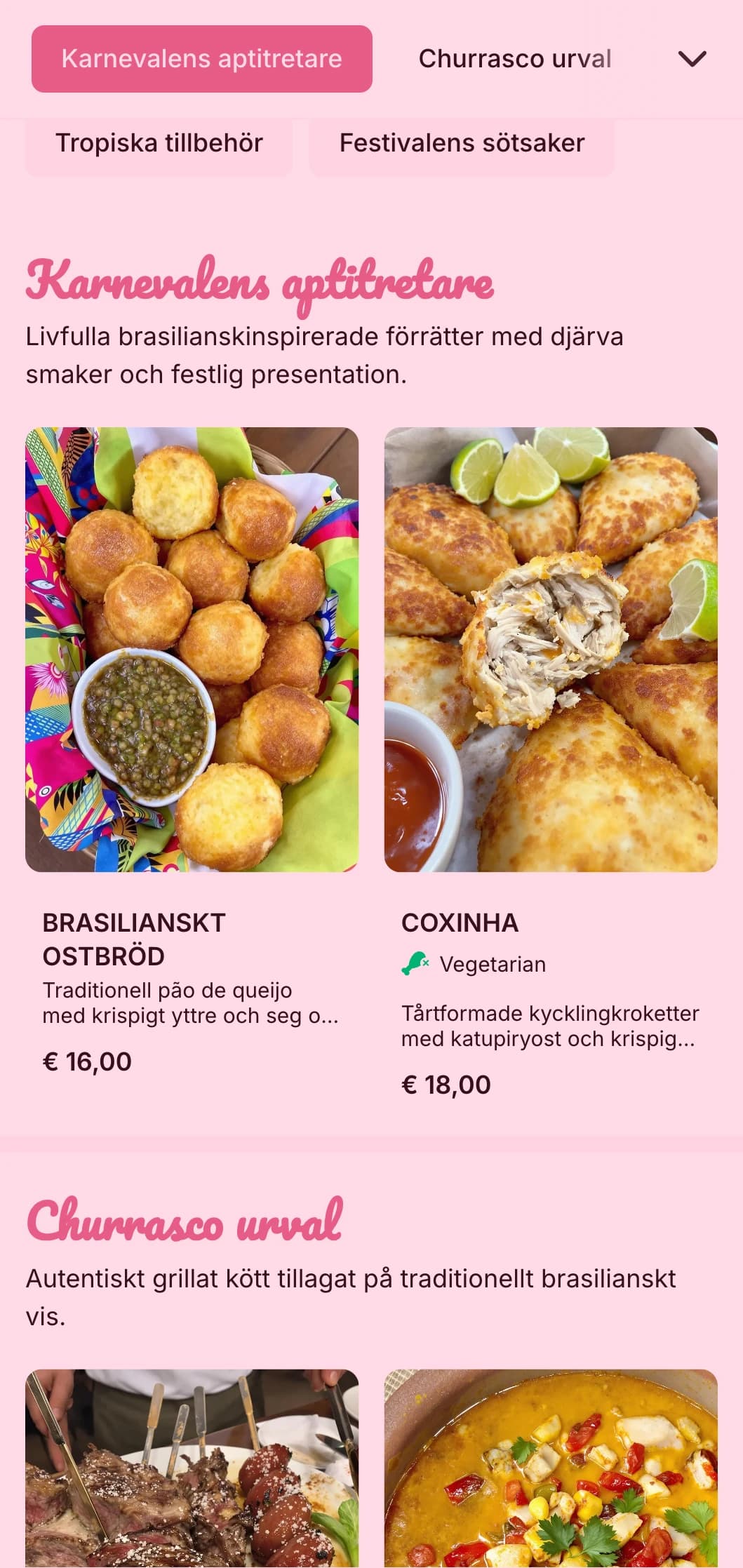 Energisk brasilianskinspirerad catering med grillat kött, tropiska inslag och festlig presentation för livliga fester.