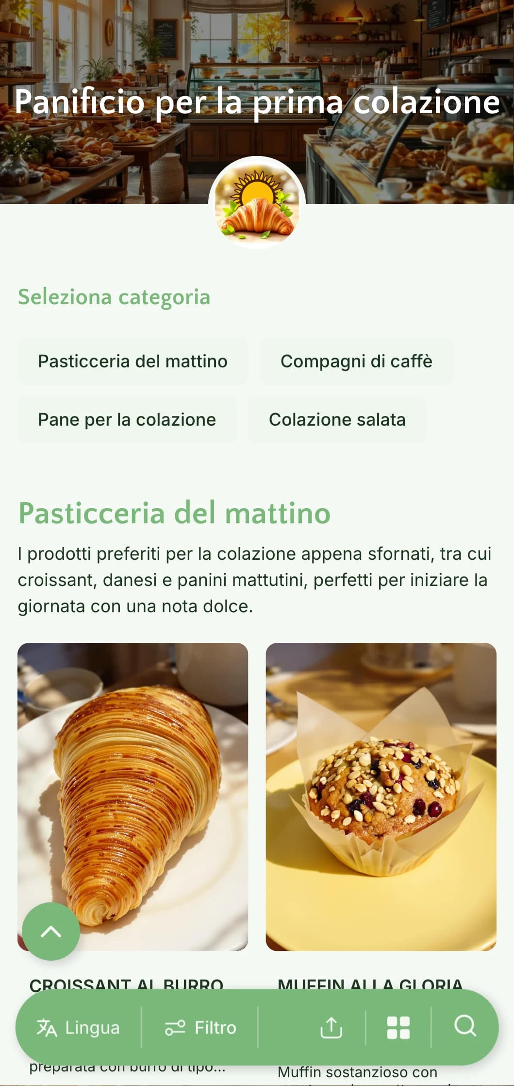 Un design per il menu di una panetteria luminoso e di ispirazione mattutina, con freschi toni verdi e una tipografia pulita, perfetto per le panetterie e le caffetterie mattutine dedicate alla colazione.