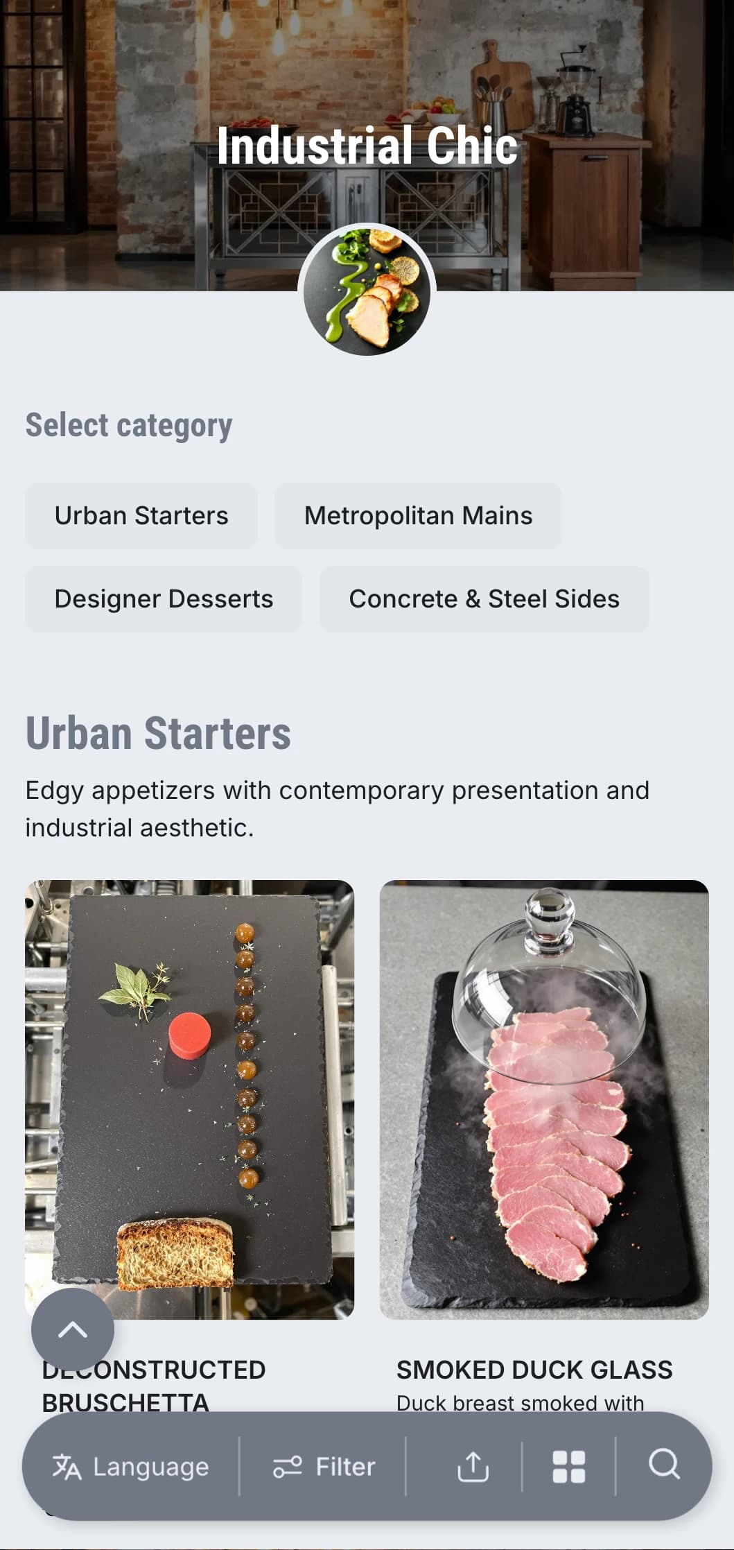 Raw, edgy catering presentation with modern urban aesthetic, metallic elements, and concrete textures for warehouse events and gallery openings.