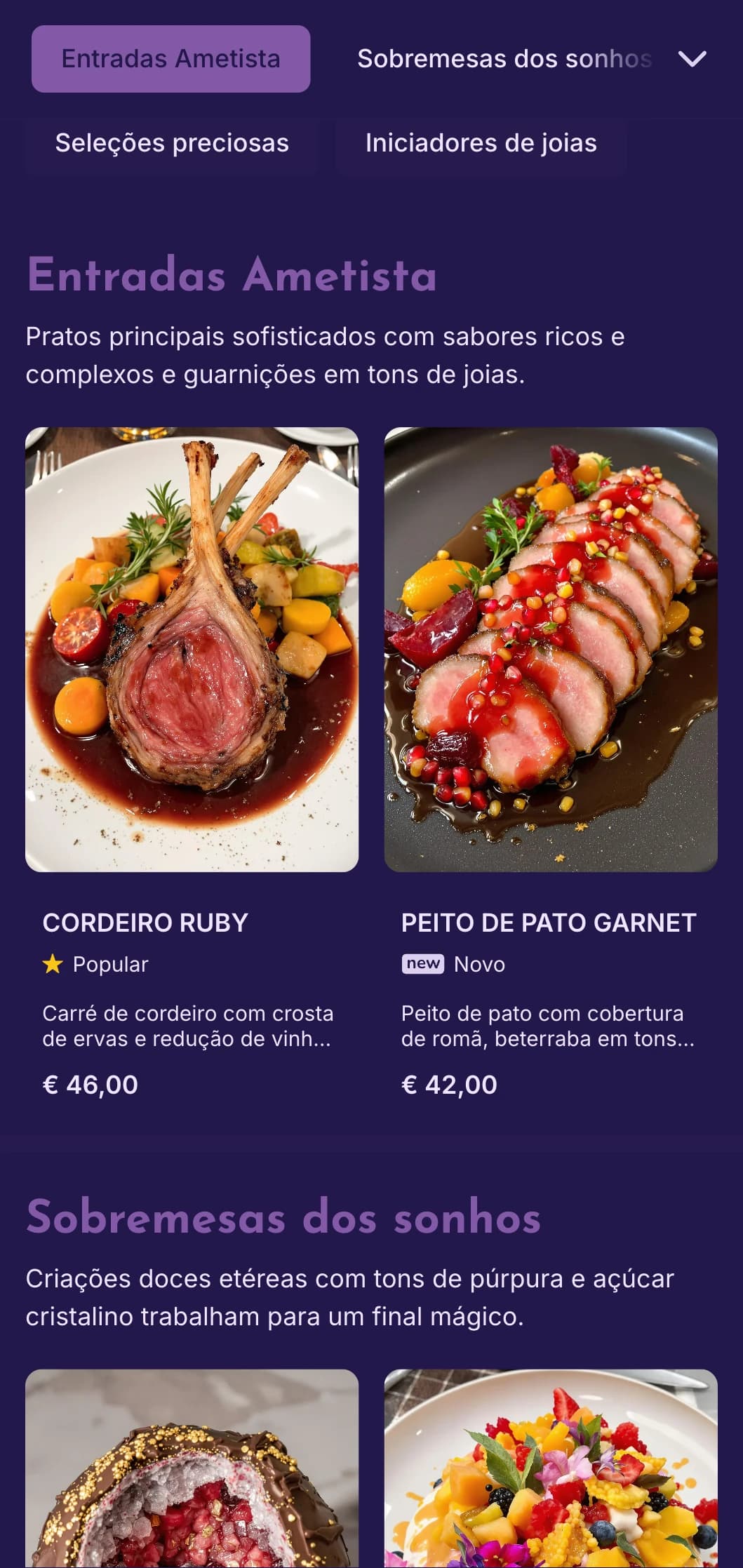 Conceito hipnotizante em tons de roxo com elementos de luxo contemporâneos inspirados em pedras preciosas.