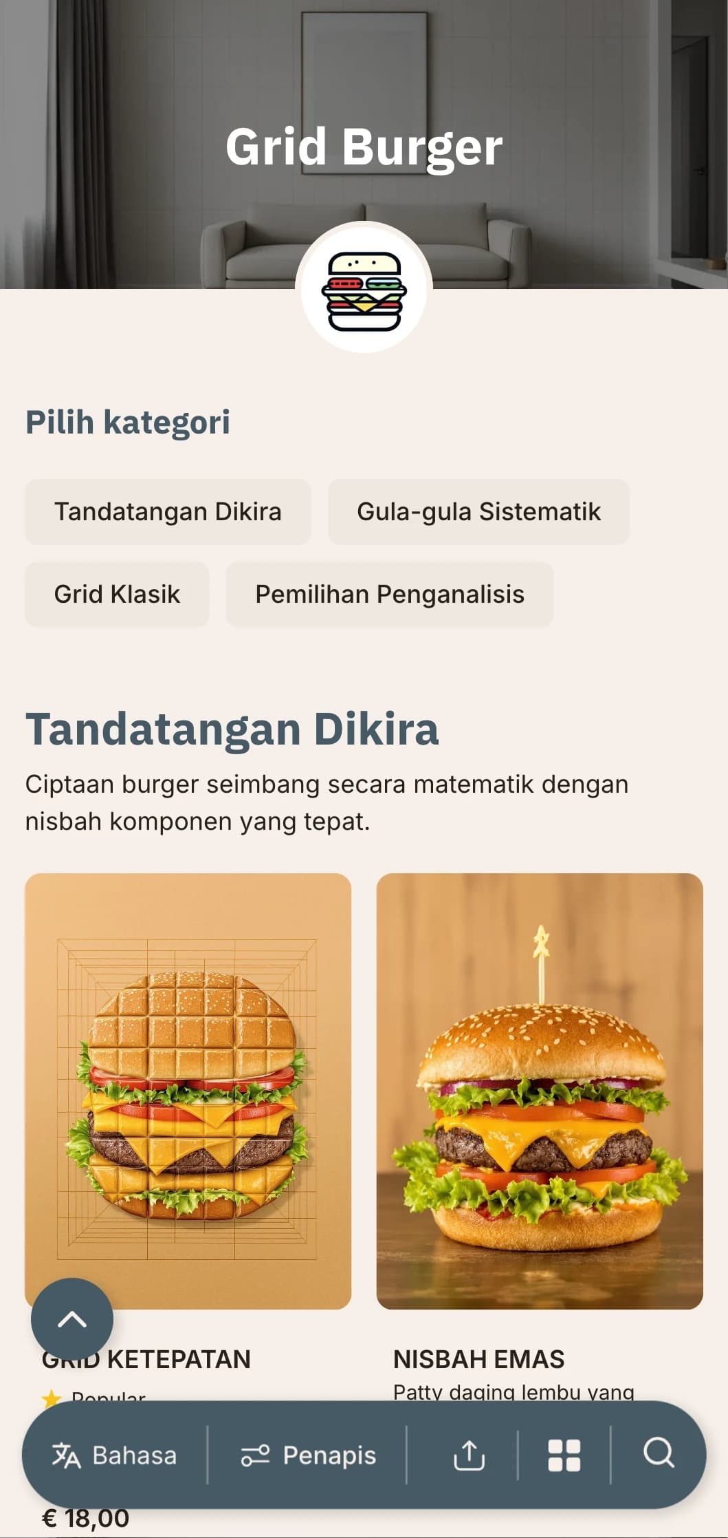 Konsep burger ketepatan matematik dengan susun atur grid dan persembahan sistematik.
