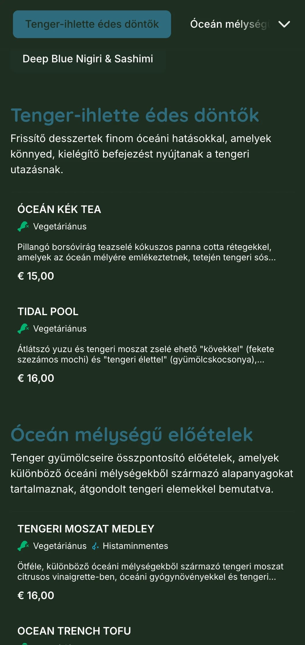 Nyugodt, mélykék sushi menü, amelyet az óceán mélységei ihlettek, tengeri elemekkel és friss tenger gyümölcseivel.