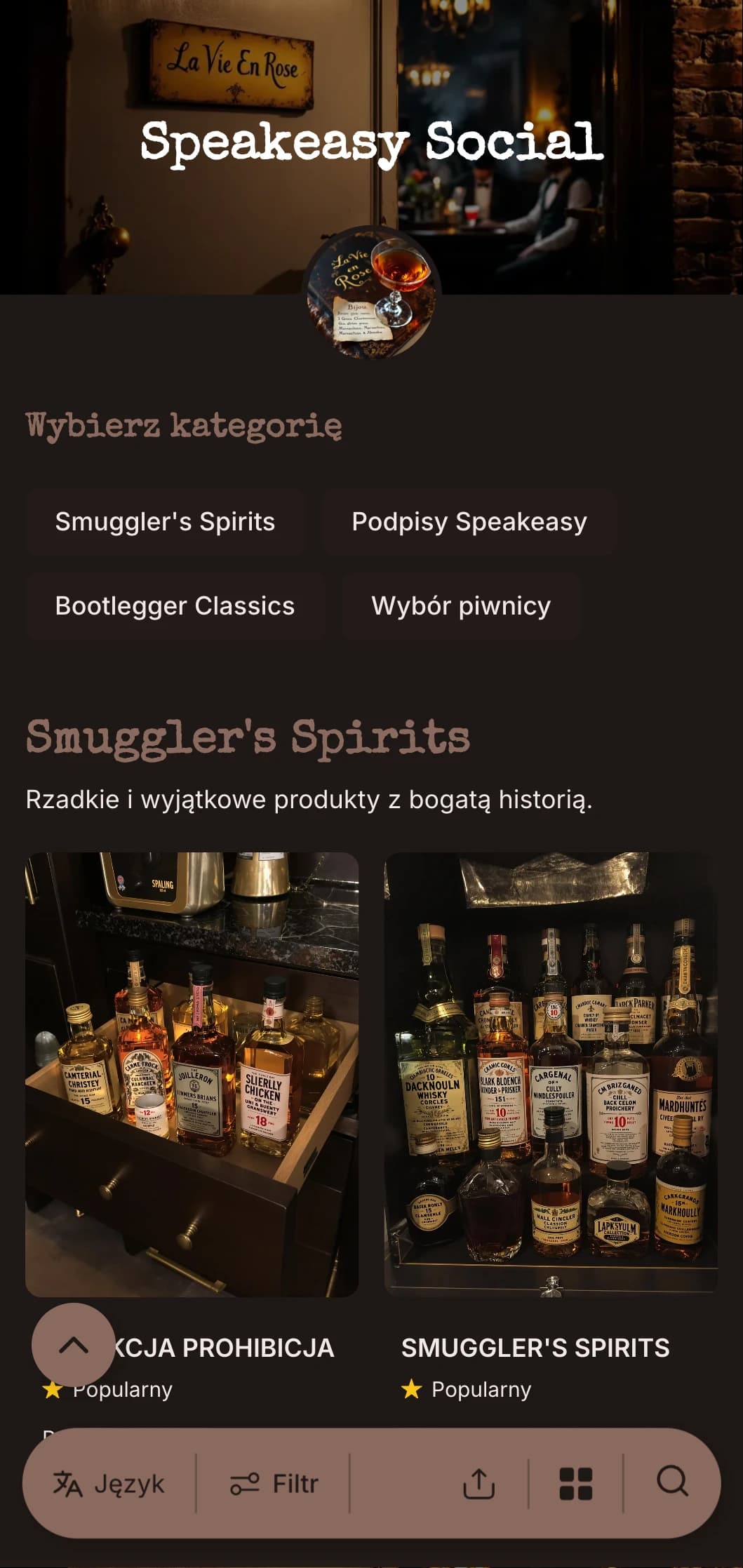 Mroczny, tajemniczy projekt z elementami zabytkowej maszyny do pisania dla ukrytych barów koktajlowych.