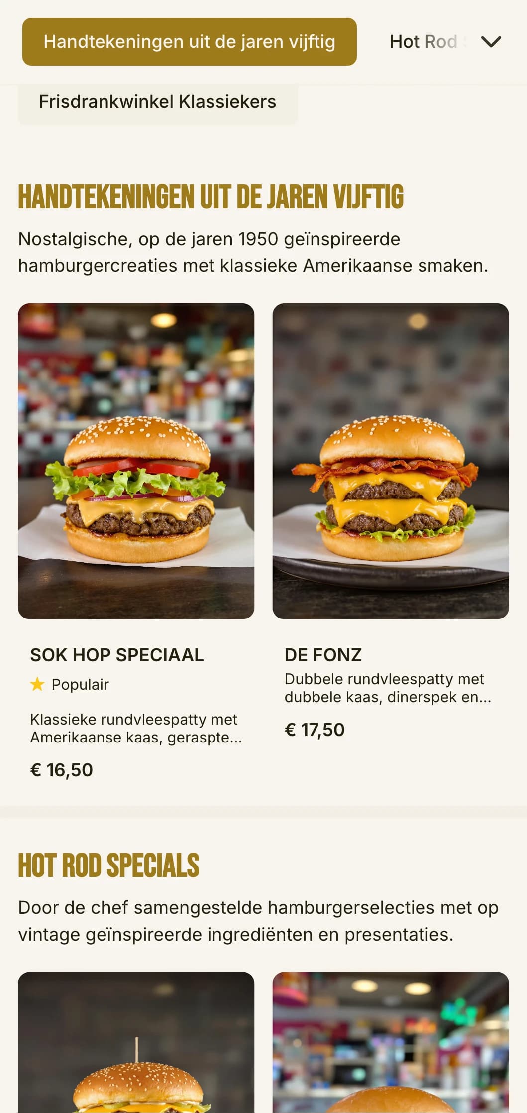 Hamburgerwinkel geïnspireerd op de jaren 1950 met dambordpatronen en nostalgische frisdrankwinkelelementen.