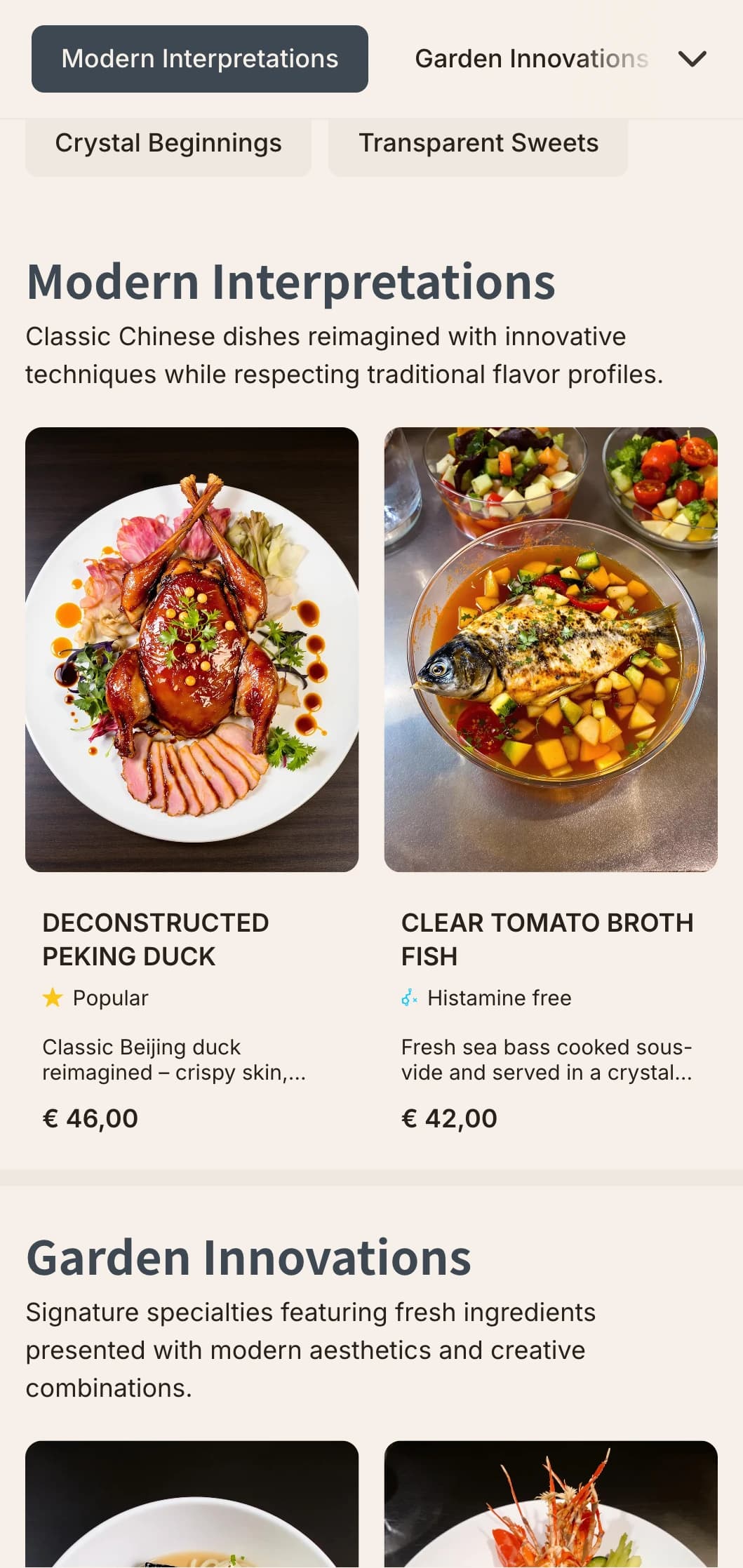Contemporary Chinese menu design with crystal-inspired elements and garden motifs for modern fusion restaurants.