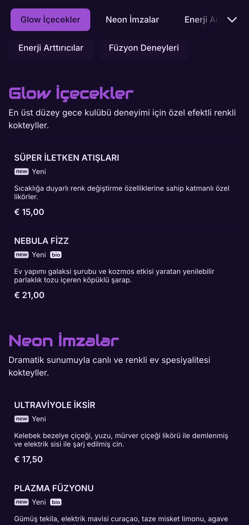 Çağdaş kokteyl barlar için neon öğeler içeren yüksek kontrastlı mor ve siyah tasarım.