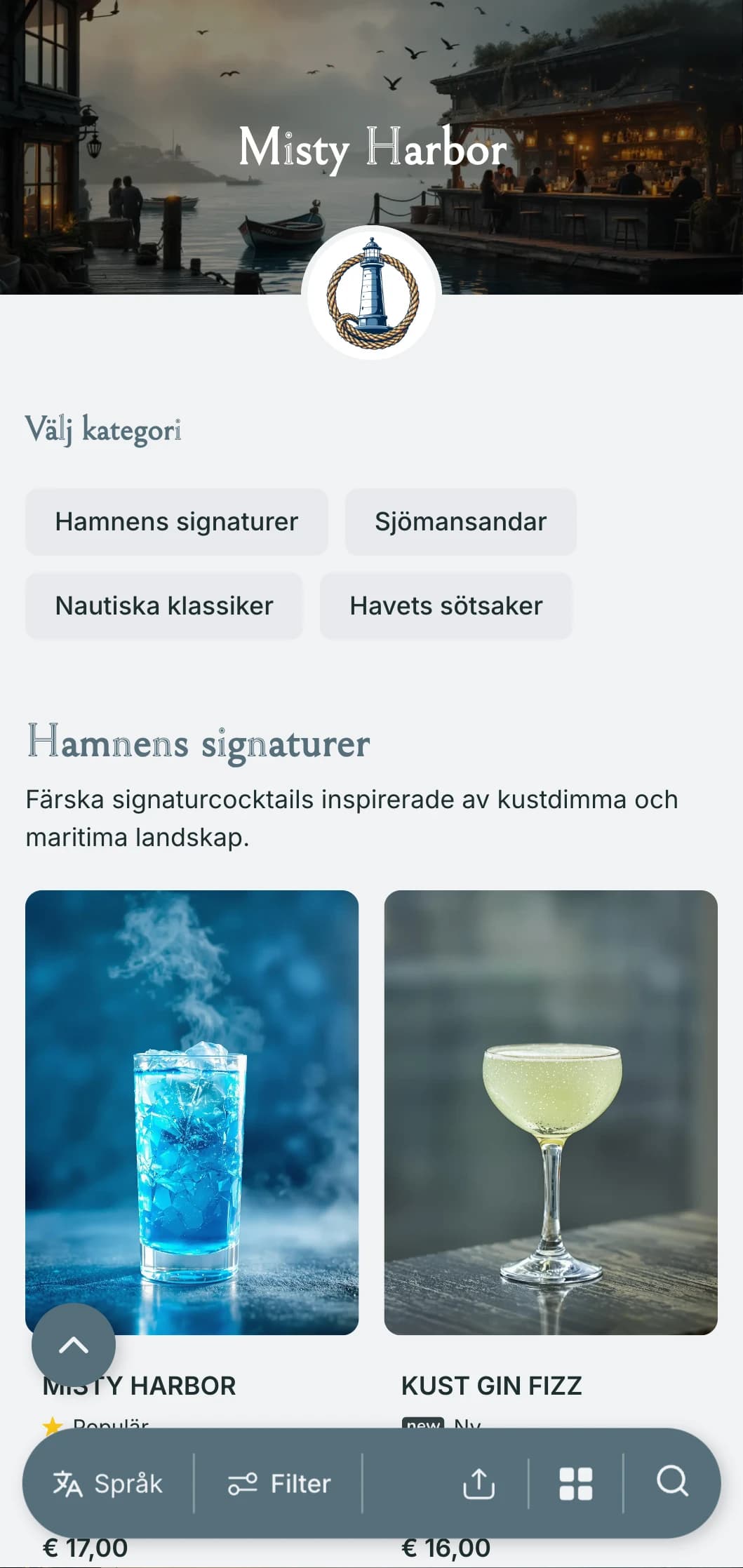 En kustnära, hamninspirerad design för barer vid havet med dimmiga blågrå toner och nautiska element.
