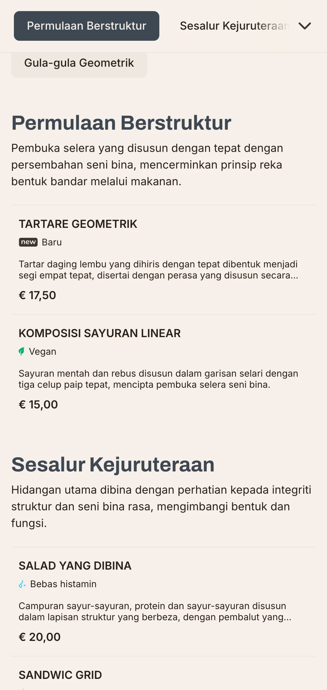 Reka bentuk menu makan tengah hari seni bina yang berani dengan garis yang kukuh dan elemen bandar, sesuai untuk restoran kontemporari di daerah perniagaan dan pembangunan moden.