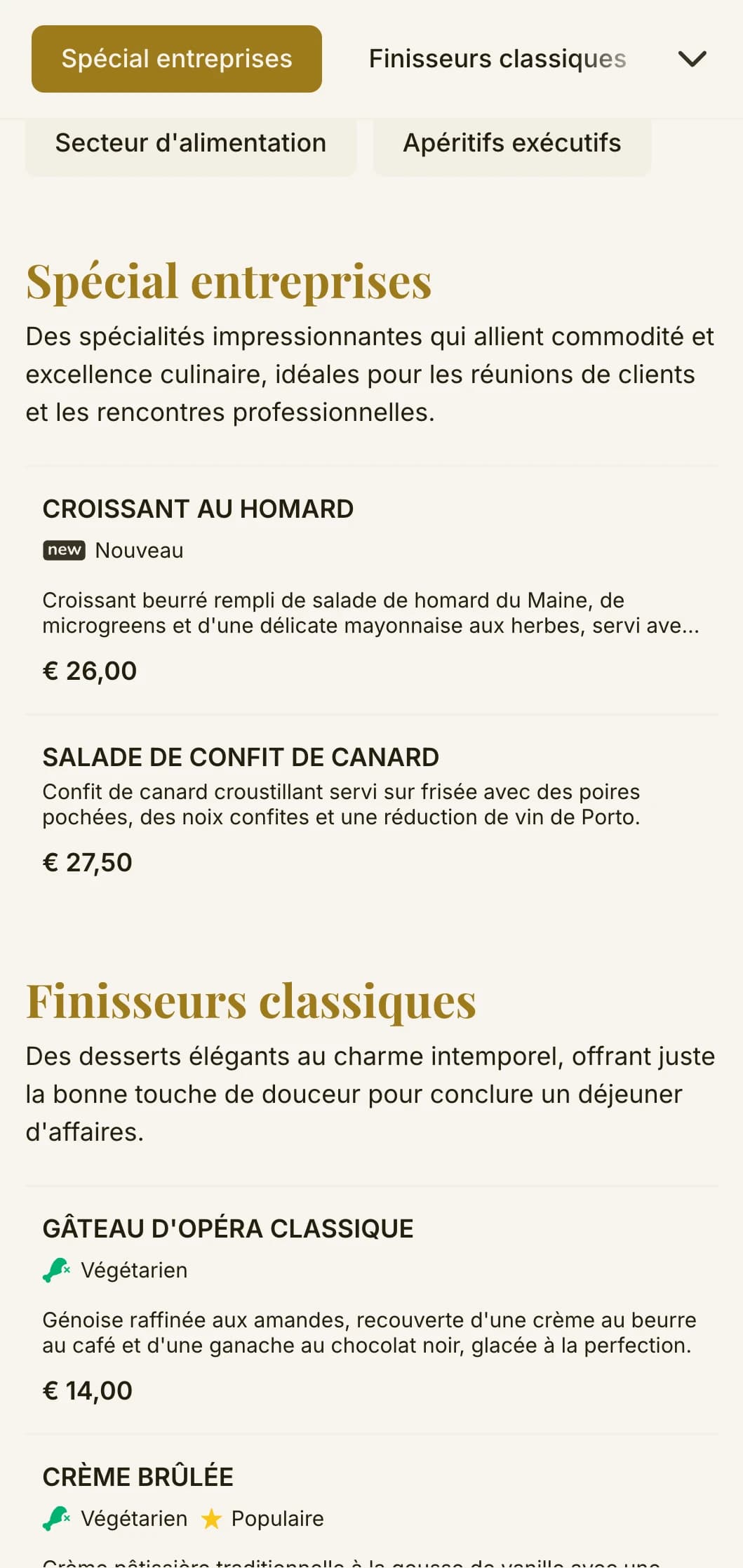 Un menu élégant et efficace pour les quartiers d'affaires et la restauration d'entreprise, avec une typographie intemporelle et une mise en page sophistiquée pour des déjeuners professionnels rapides.