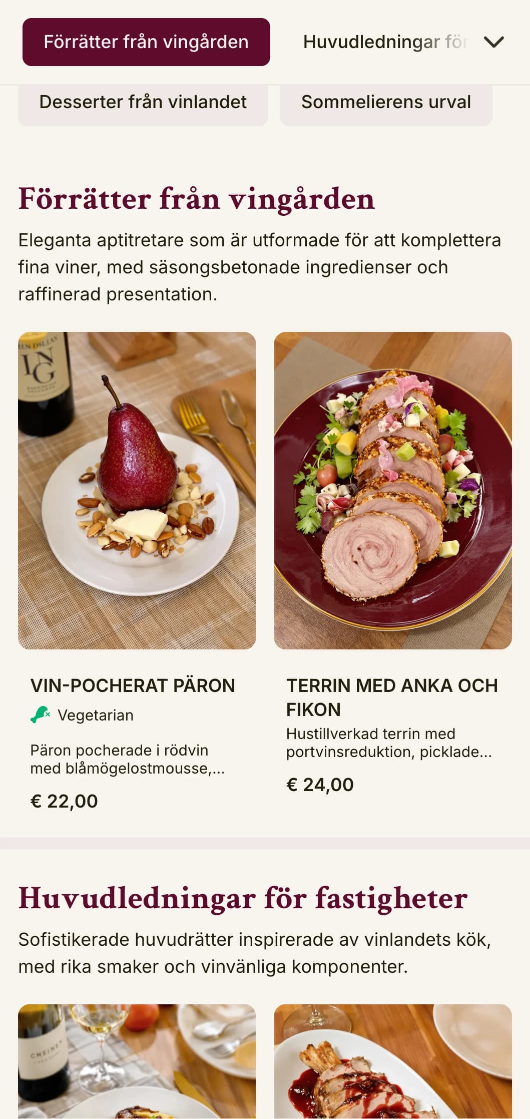 En sofistikerad middagsmeny med vininspirerade färger och elegant typografi, utformad för etablissemang med omfattande vinprogram.