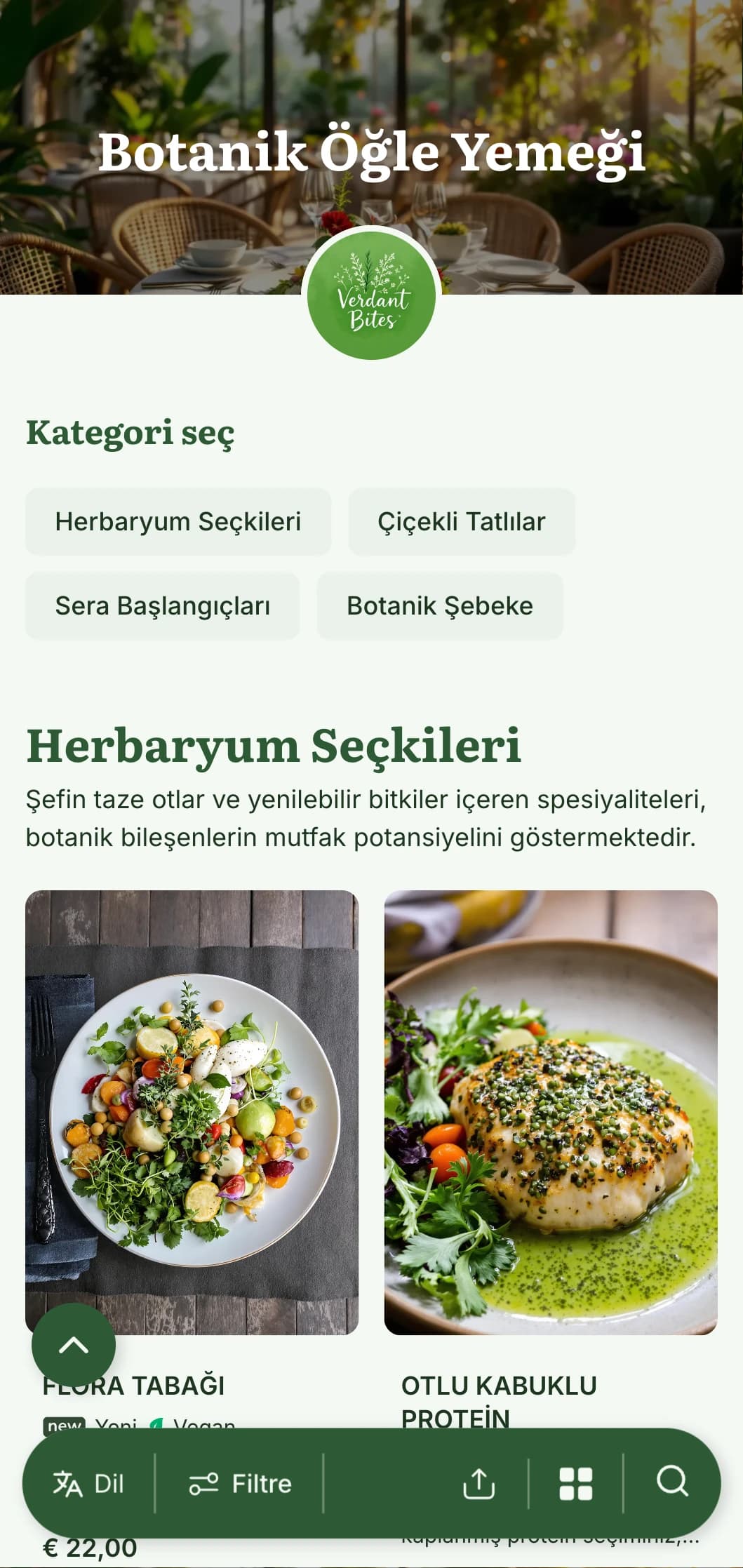 Botanik illüstrasyonlar ve doğal dokular içeren yemyeşil, bitkilerden ilham alan öğle yemeği menüsü tasarımı, sera kafeleri ve bahçeye bitişik restoranlar için mükemmeldir.