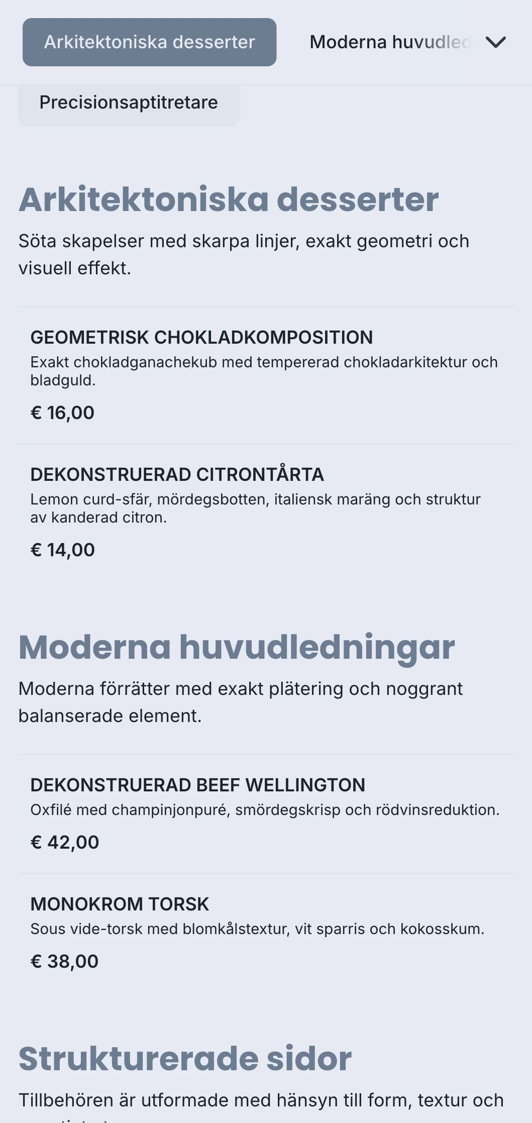 Ren, strukturerad cateringdesign med geometriska tallrikar, exakta portioner och monokromatiska färgscheman för moderna evenemang.