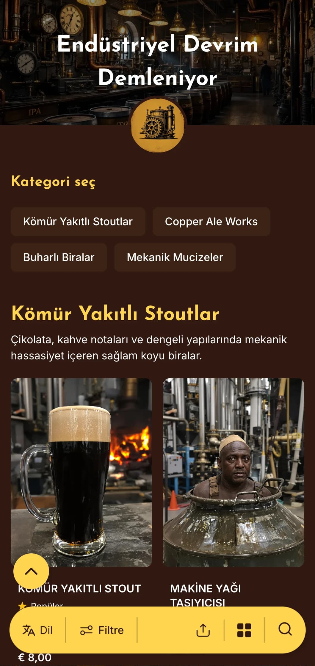 Steampunk temalı bira fabrikaları için mükemmel olan pirinç aksanlar ve mekanik unsurlarla buharla çalışan endüstriyel estetik.