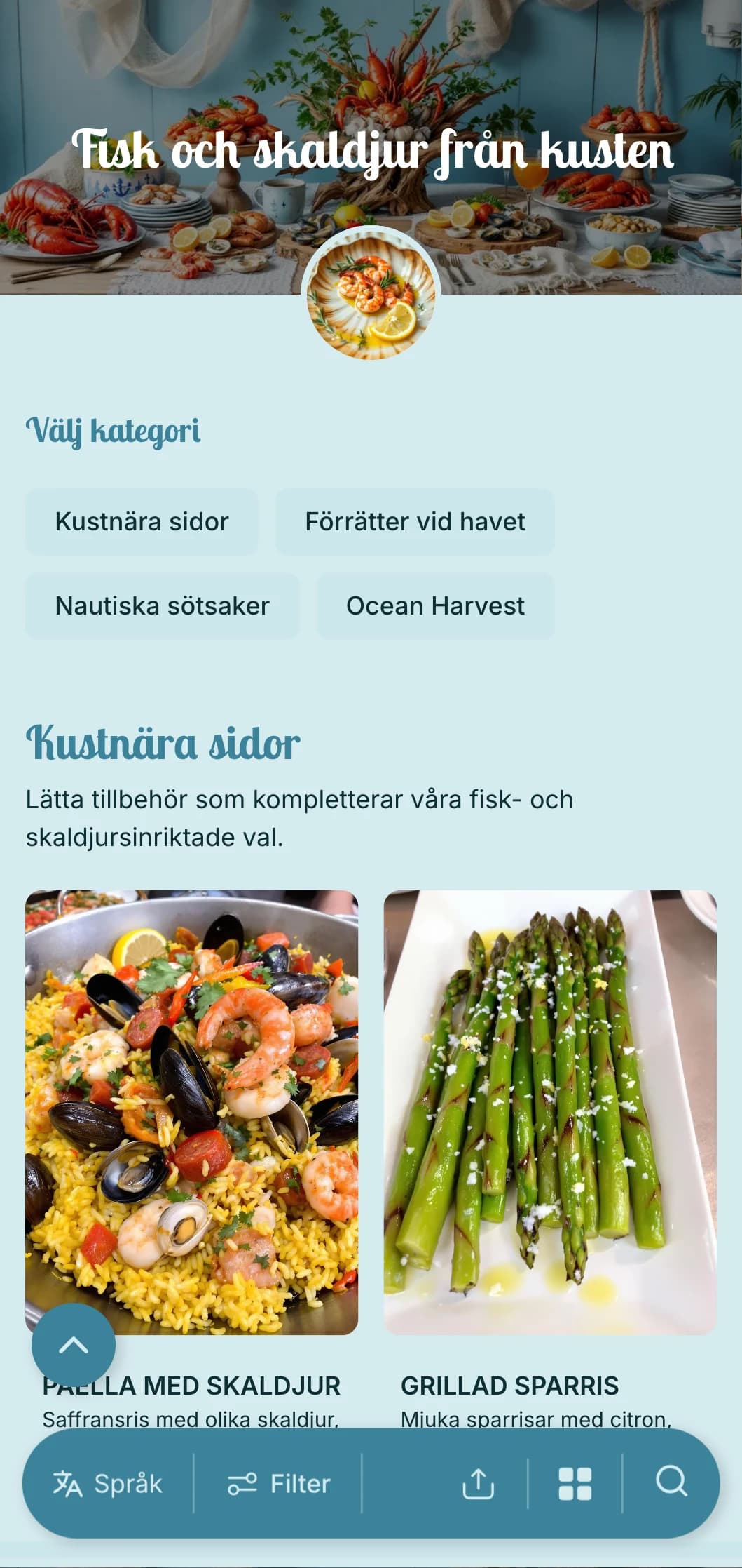 Färsk catering med fokus på fisk och skaldjur med havsfångster, nautiska element och kustnära presentation för strandhändelser och fisk- och skaldjursälskare.