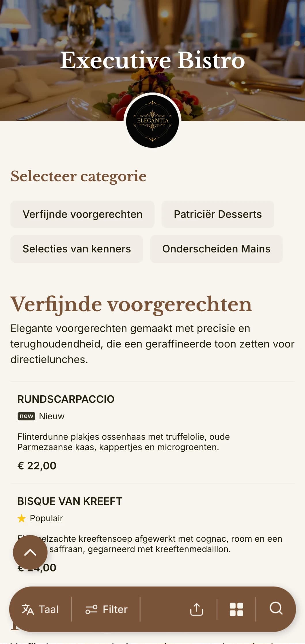 Verfijnd ontwerp voor lunchmenu's met verfijnde typografie en elegante spatiëring, op maat gemaakt voor luxe hotelrestaurants en executive eetzalen die zakenmensen bedienen.
