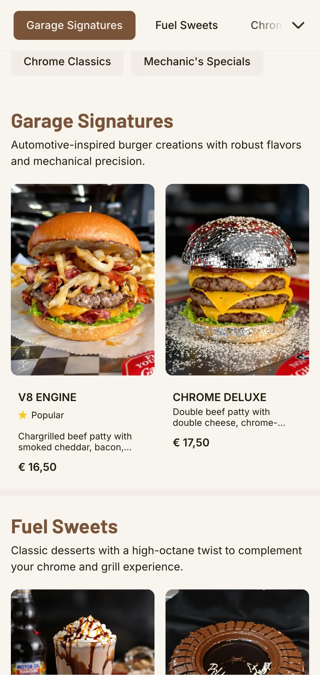 Classic car inspired burger garage with automotive elements and vintage road trip nostalgia.