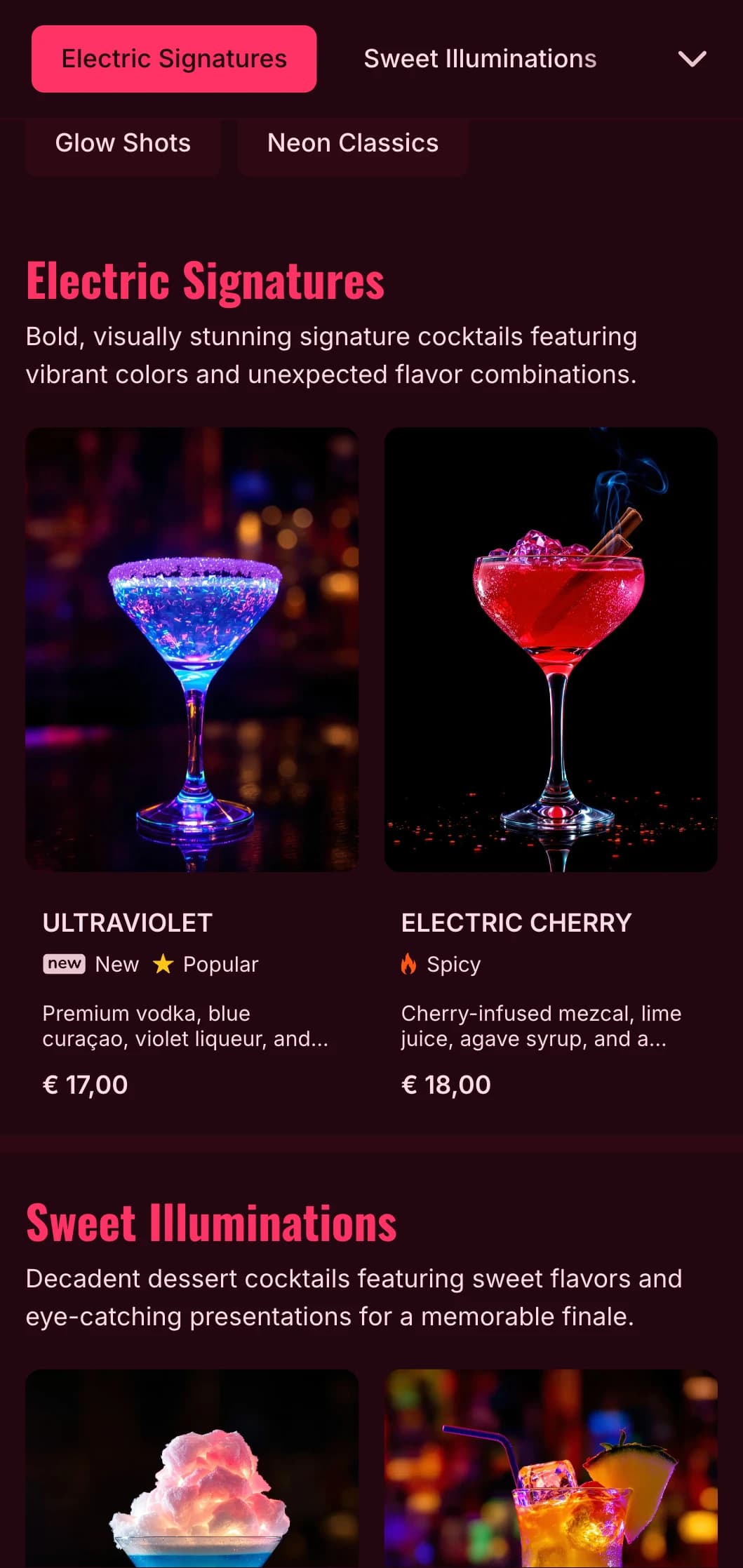 A bold, vibrant menu design inspired by neon nightlife, perfect for contemporary cocktail bars and nightclubs.