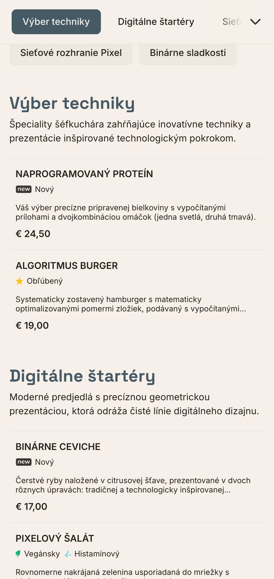 Digitálne inšpirovaný dizajn obedového menu s technologickou estetikou a presným rozložením mriežky, ideálny pre reštaurácie v inovačných štvrtiach a v blízkosti technologických spoločností.