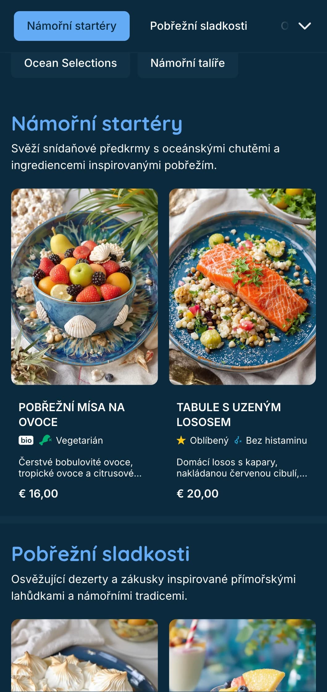 Svěží, mořská šablona na brunch s tmavě modrými tóny, ideální pro brunch s mořskými plody a pro podniky na pláži.