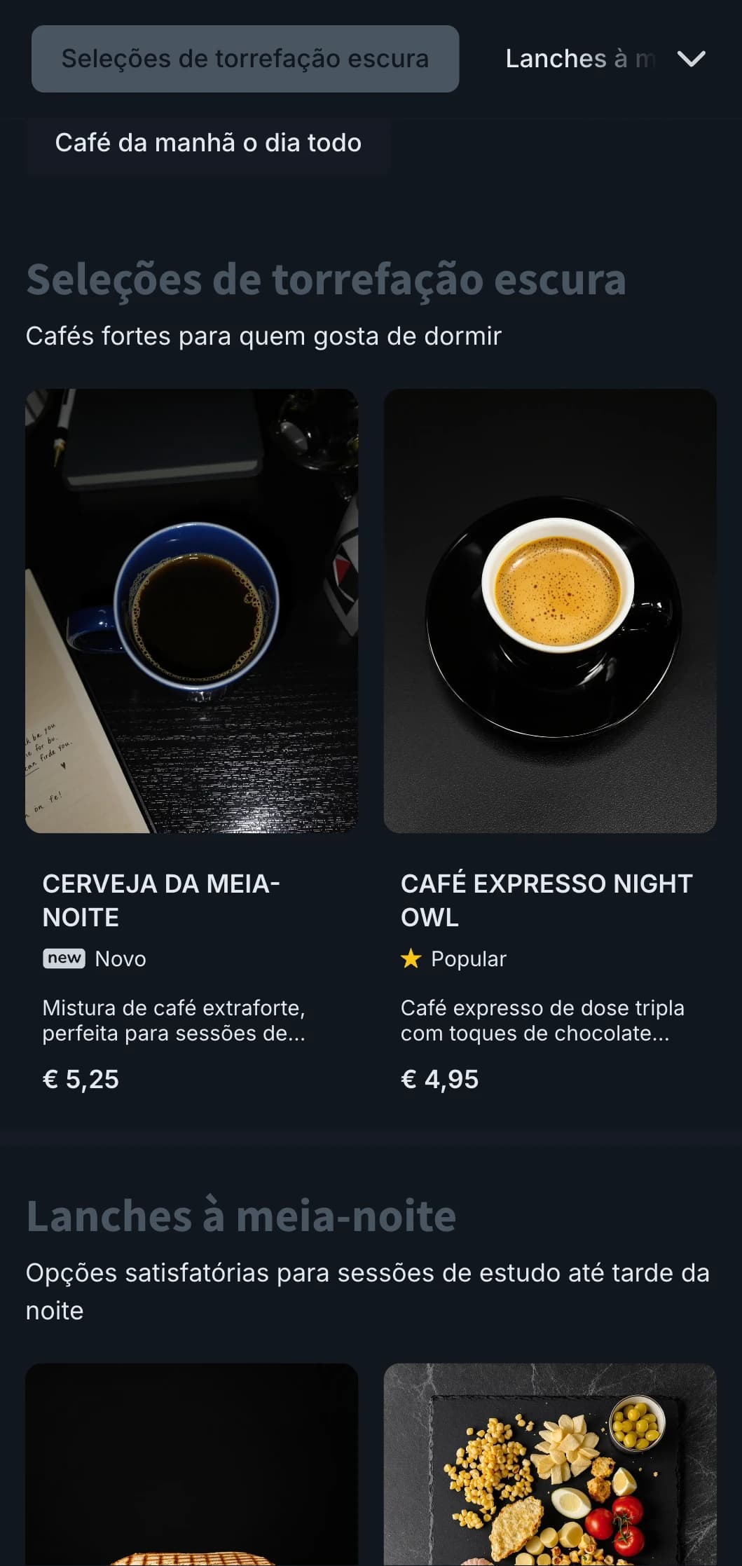 Tons profundos de azul e cinza para cafés de estudo noturnos e cafeterias 24 horas.