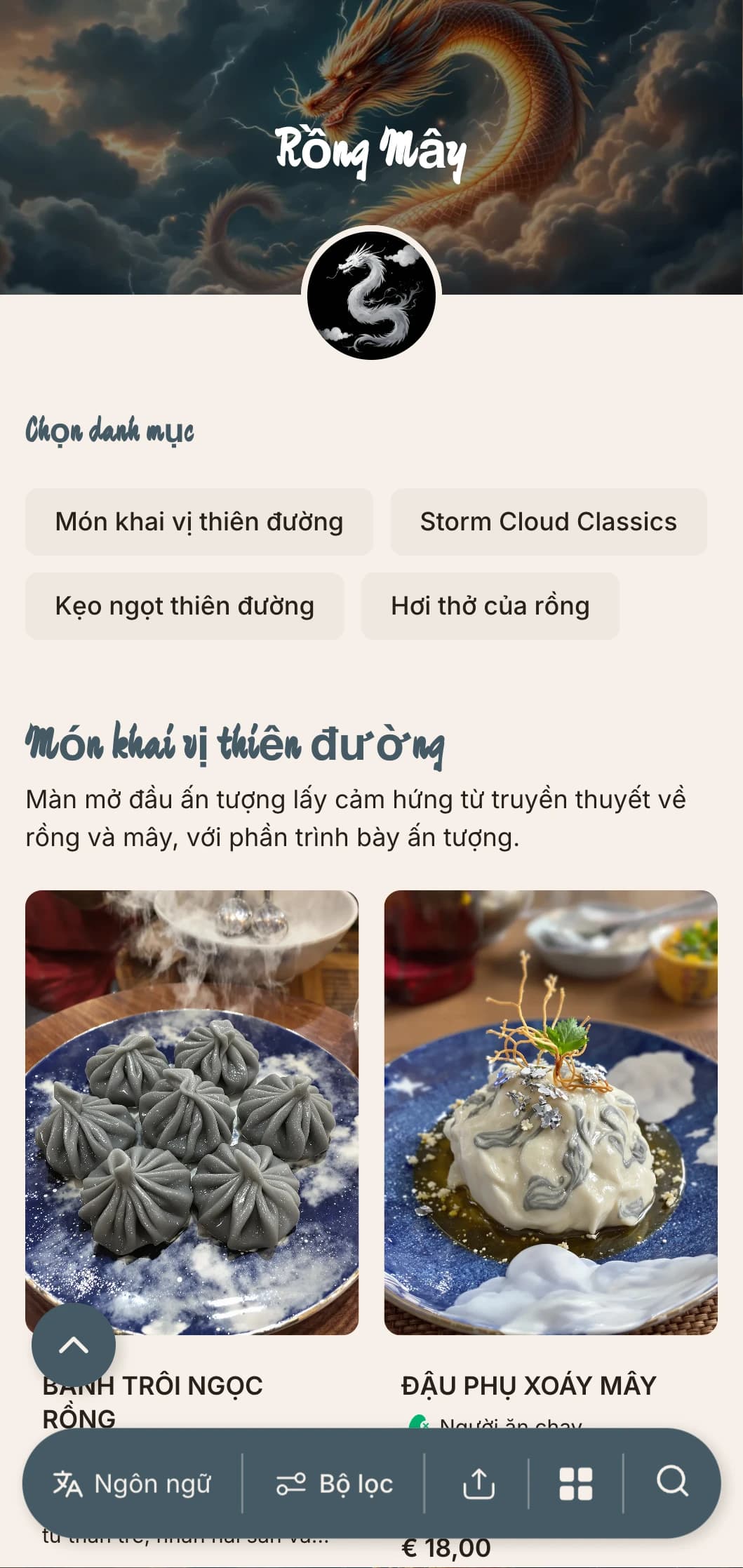 Thiết kế thực đơn Trung Hoa ấn tượng với họa tiết mây và rồng, cùng các yếu tố mạnh mẽ tạo nên ẩm thực hoàng gia đích thực.