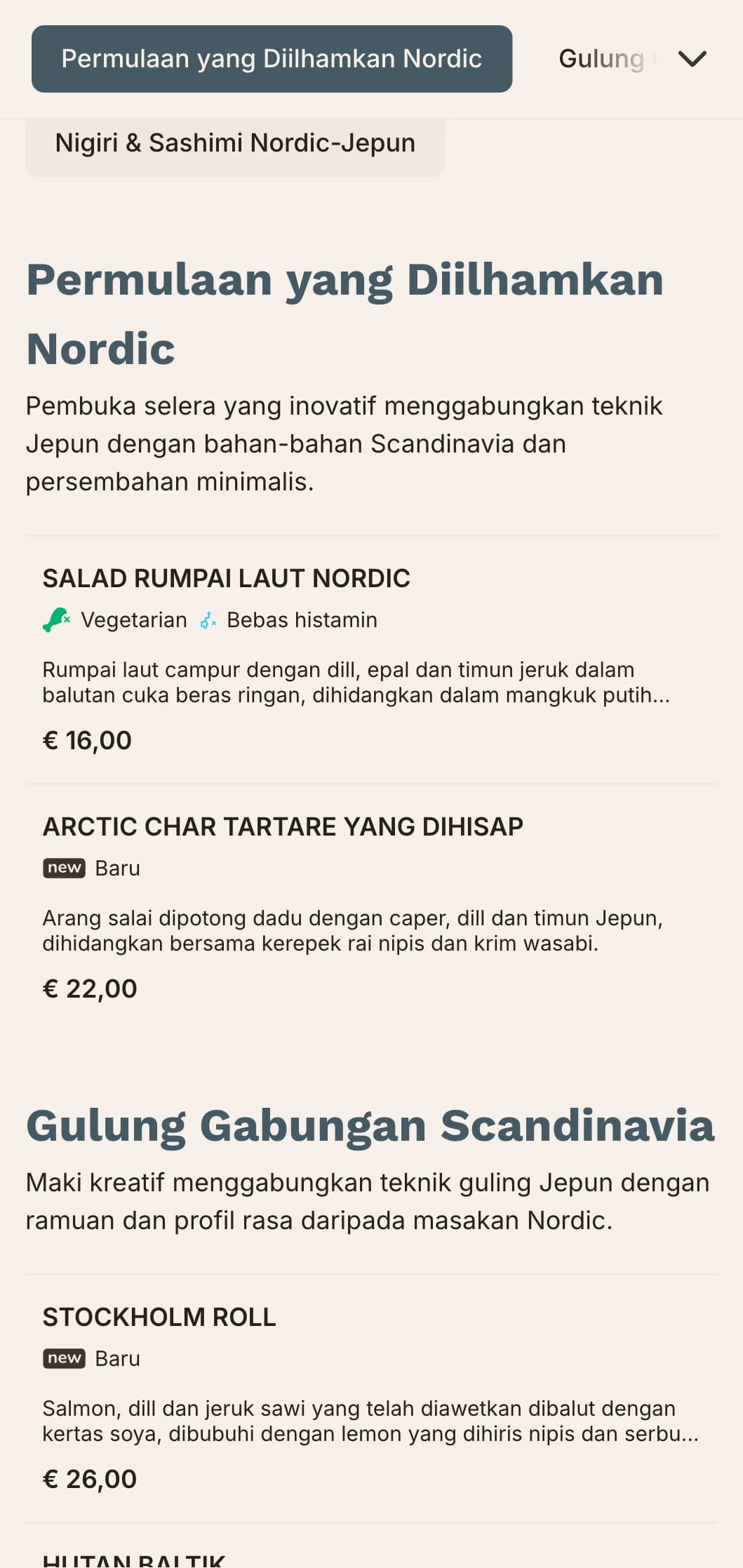 Menu sushi gabungan kontemporari yang menggabungkan tradisi Jepun dengan minimalis Scandinavia, menampilkan garisan bersih dan warna biru yang diredam.