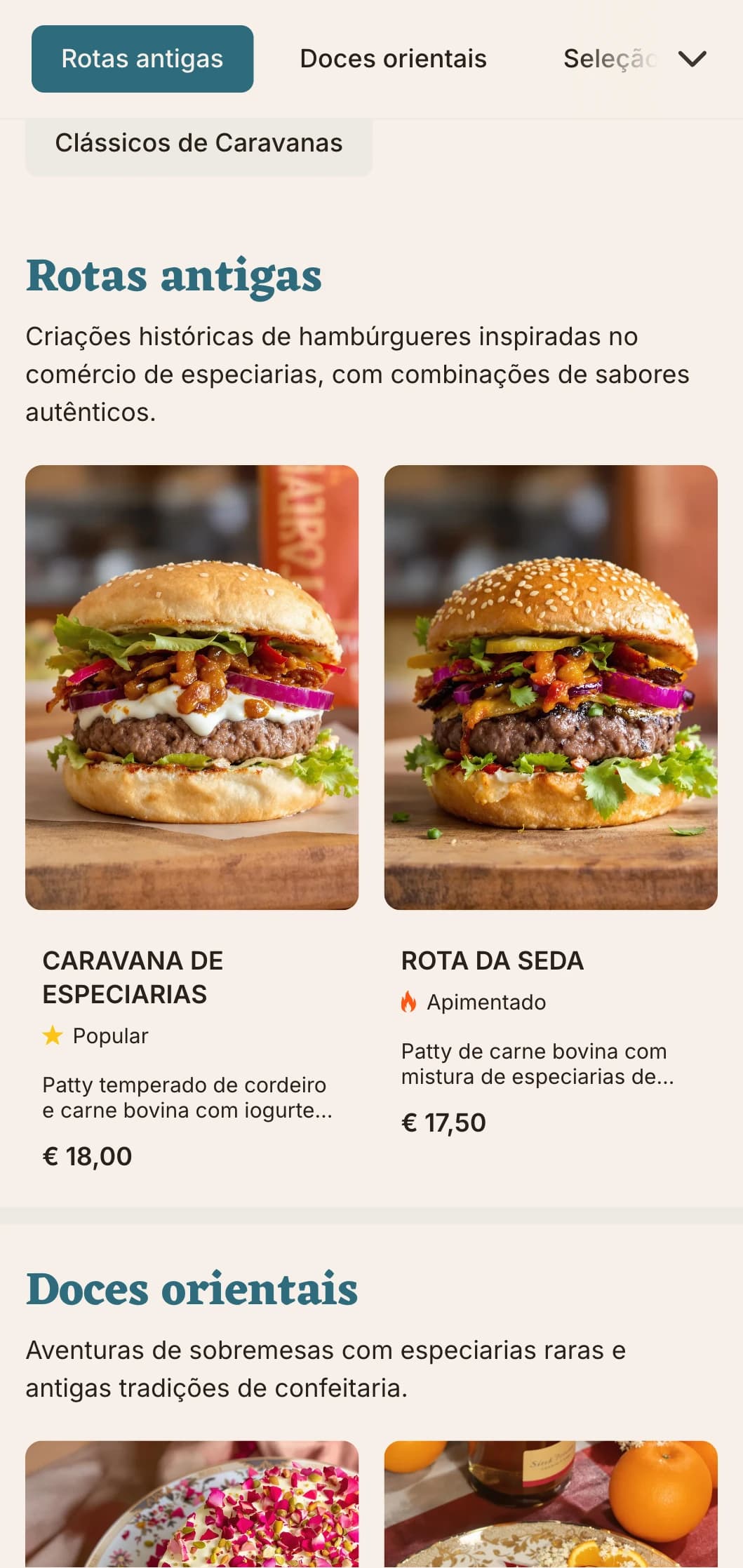 Menu de hambúrgueres inspirado nas antigas rotas comerciais, com combinações de sabores históricos.