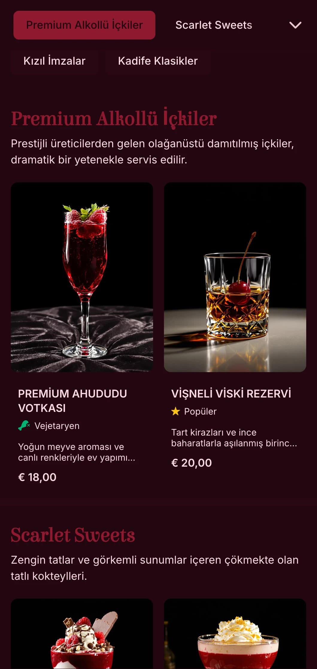 Zengin kızıl tonları ve dramatik tipografi içeren lüks kokteyl salonları için tiyatrodan ilham alan lüks bir tasarım.