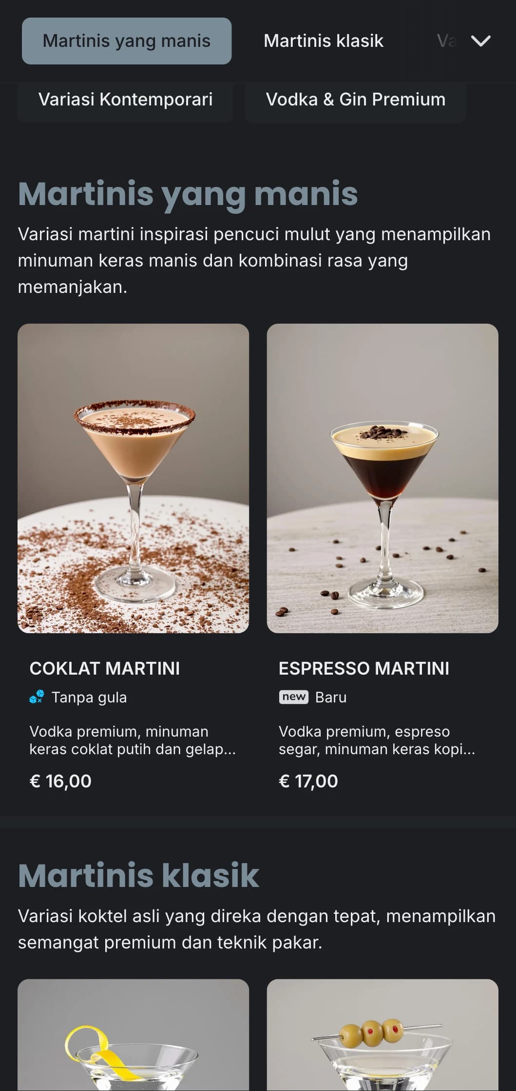 Reka bentuk menu bandar yang canggih untuk bar martini dan lounge dengan tipografi anggun dan rona kelabu yang sejuk.