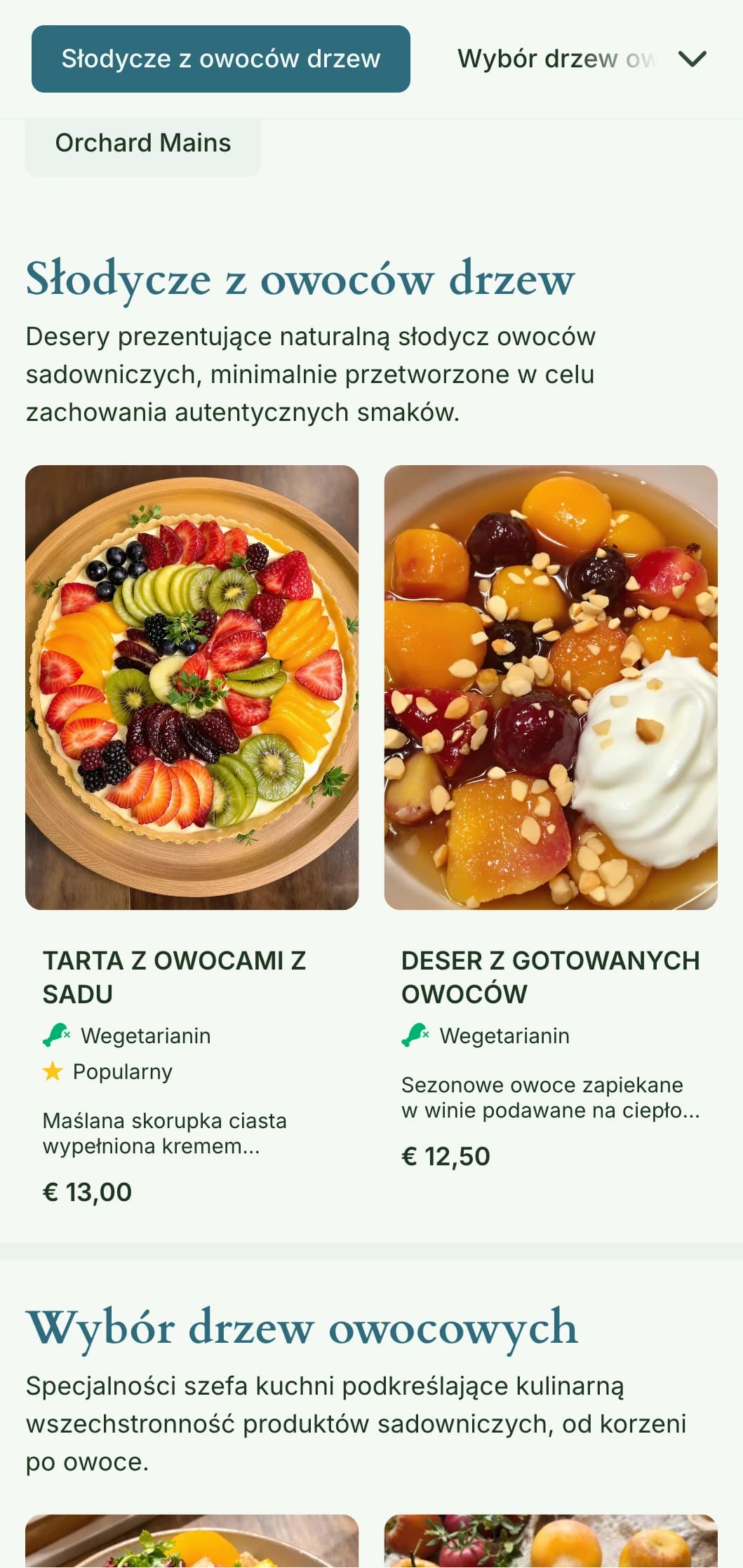 Owocowe, inspirowane sadem menu lunchowe z elementami sezonowymi i naturalną obfitością, idealne dla restauracji wykorzystujących owoce z drzew i produkty z sadów.