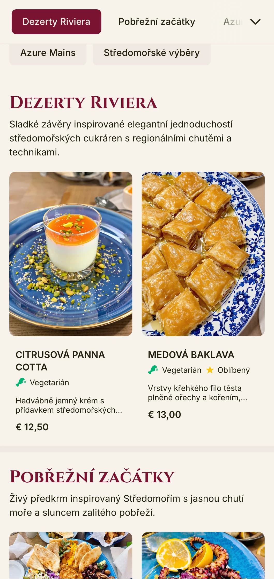 Výrazný design poledního menu inspirovaný Středomořím s živými akcenty a elegantním uspořádáním, ideální pro luxusní restaurace u moře a prázdninové destinace.