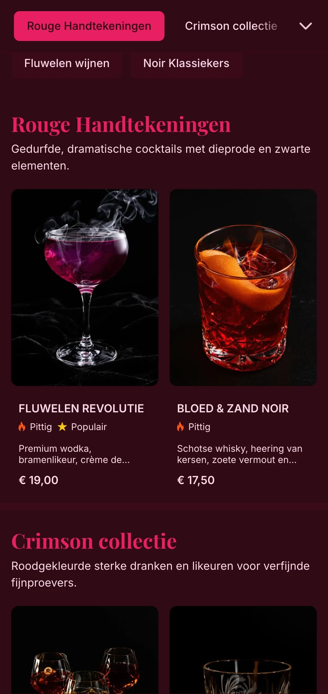 Gedurfd zwart en rood ontwerp met luxe texturen voor dramatische cocktailervaringen.