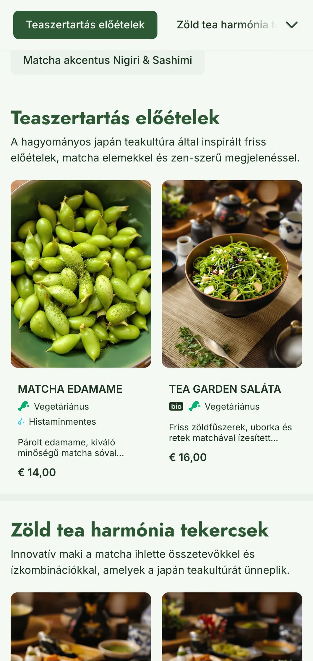 Kortárs sushi menü vibráló matcha zöld tónusokkal az egészségtudatos, tea ihlette létesítmények számára.