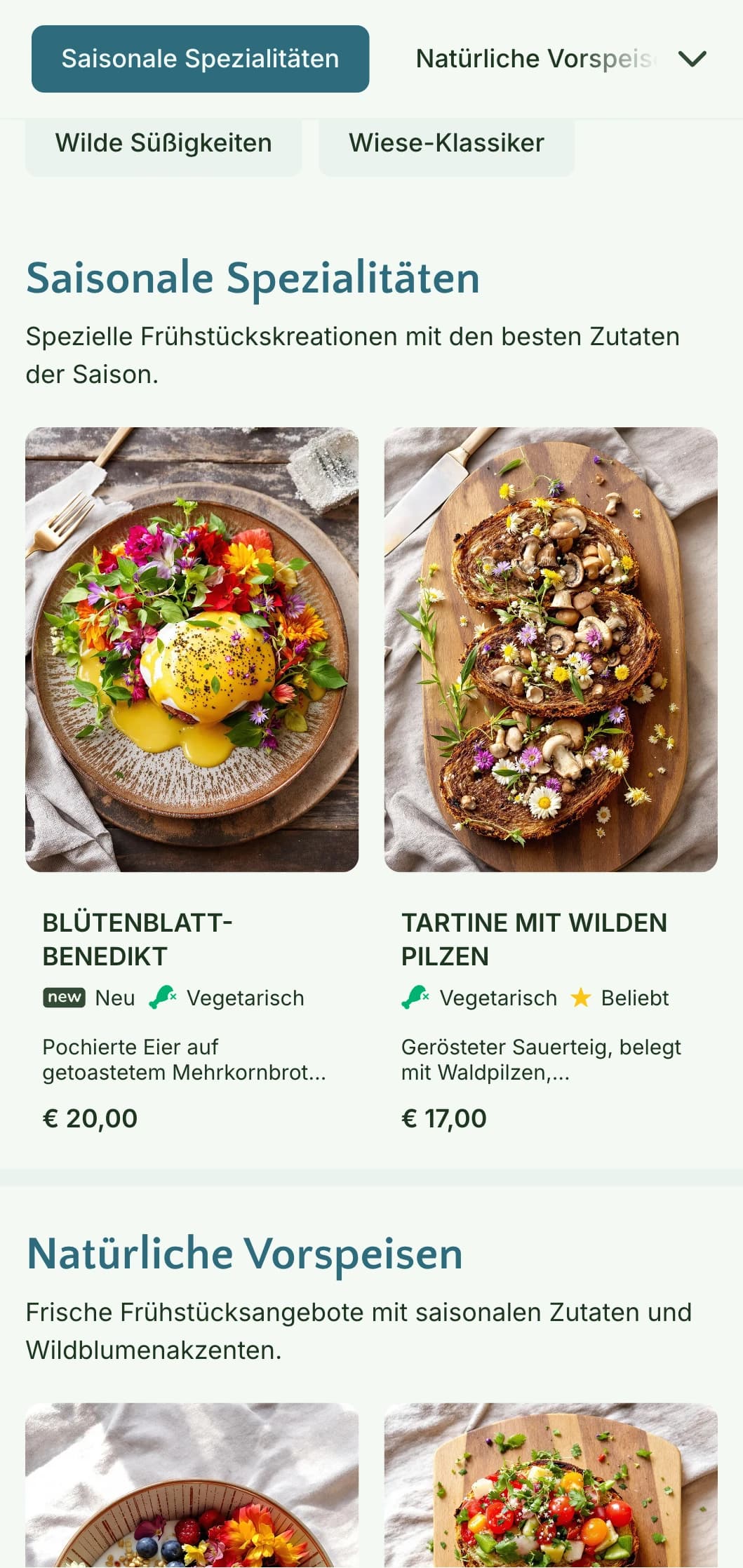 Von der Natur inspirierte Morgengerichte mit saisonalen Zutaten und organischer Präsentation mit botanischen Einflüssen.