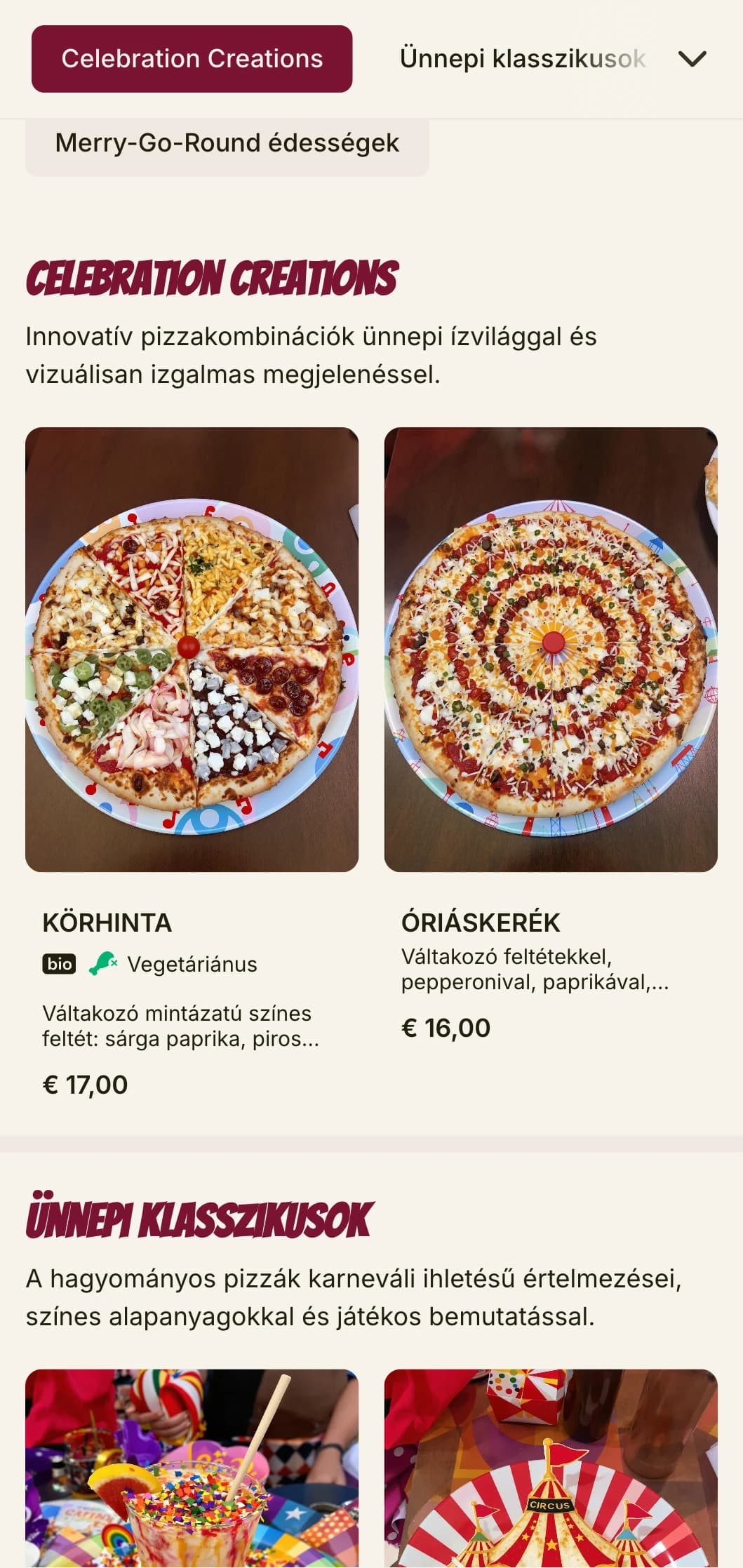 Ünnepélyes, energikus pizzamenü élénk színekkel és játékos elemekkel.