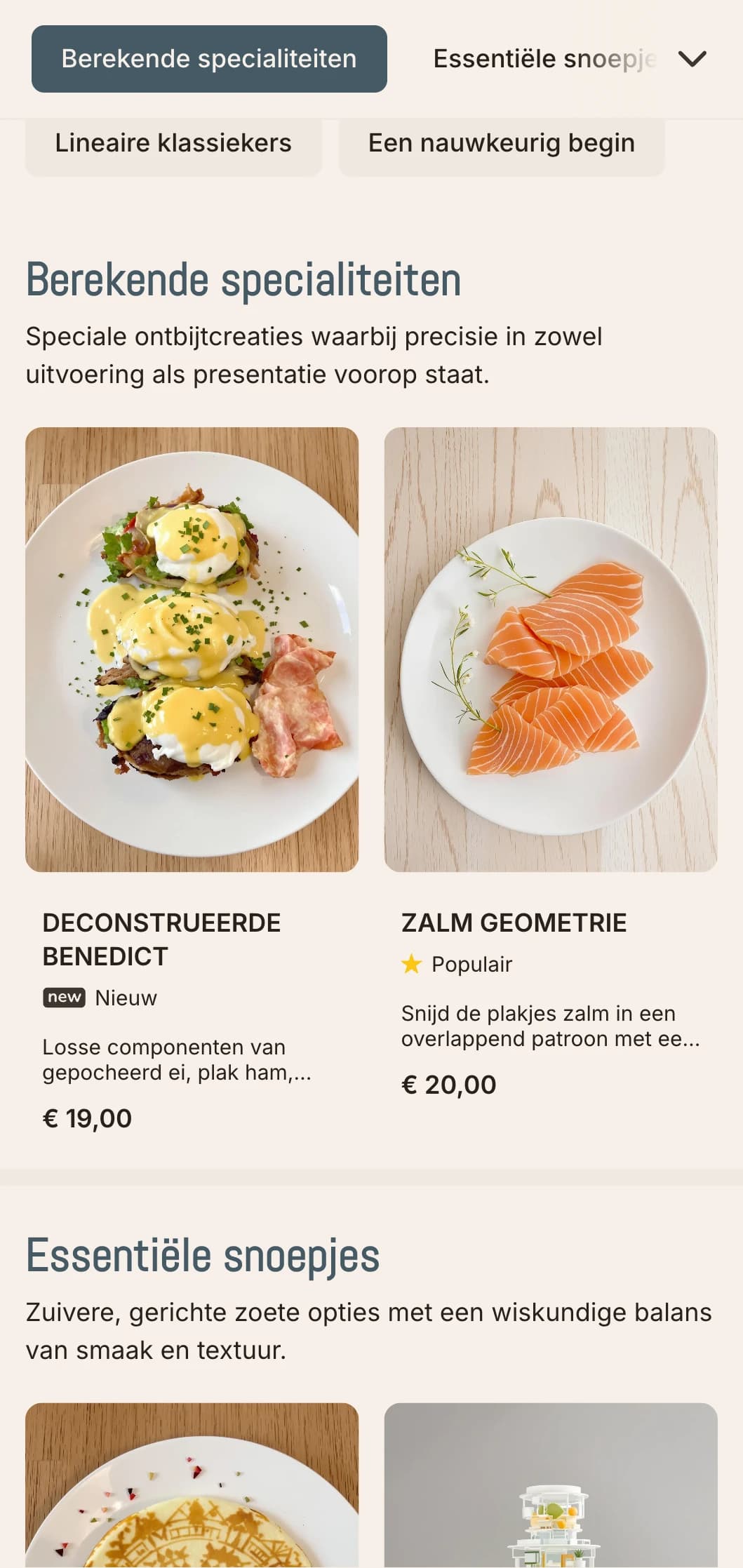 Strakke, nauwkeurig gerangschikte ontbijtopties met een minimalistische presentatie en zorgvuldig uitgebalanceerde smaken.