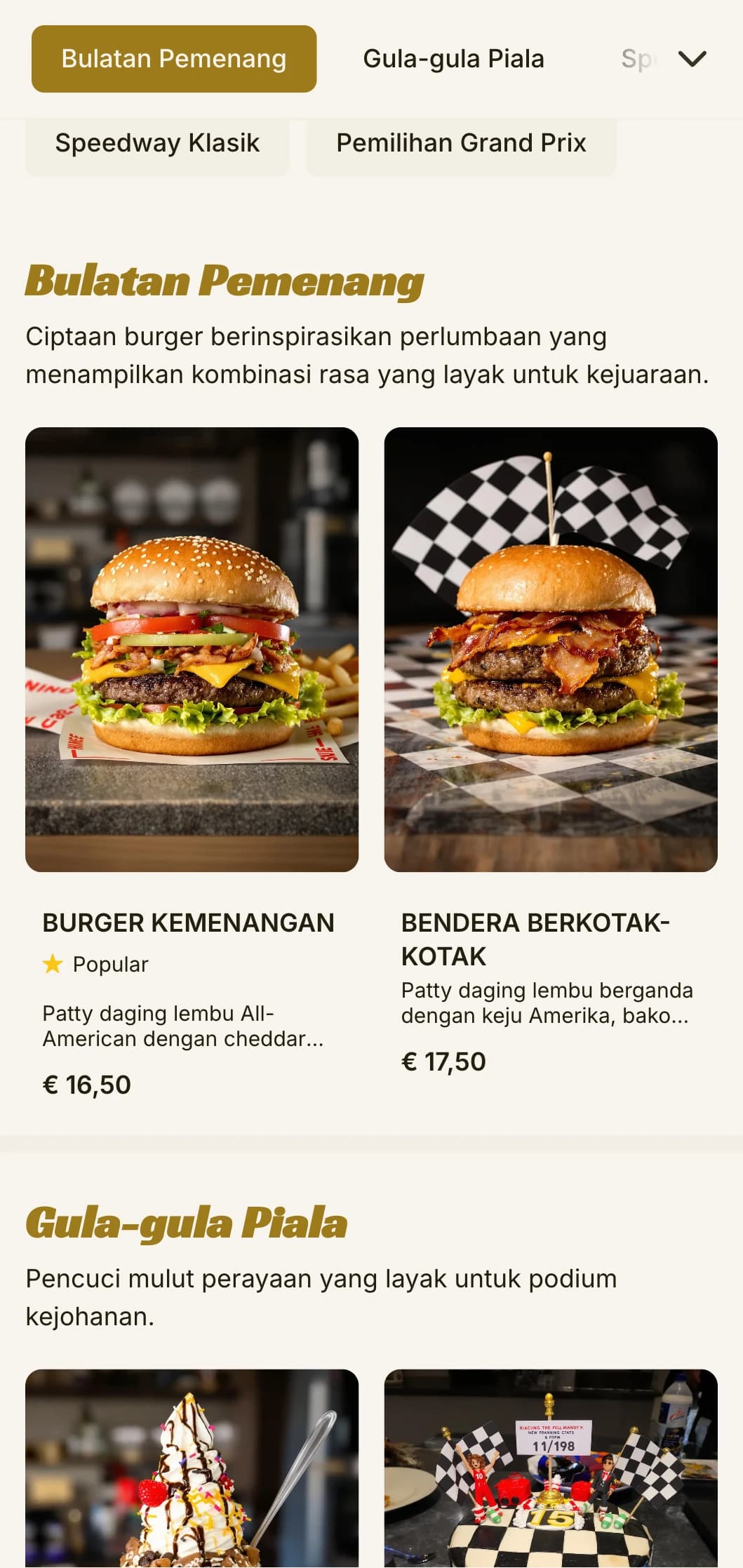Kedai burger berinspirasikan perlumbaan dengan elemen sukan permotoran dan suasana lorong kemenangan.