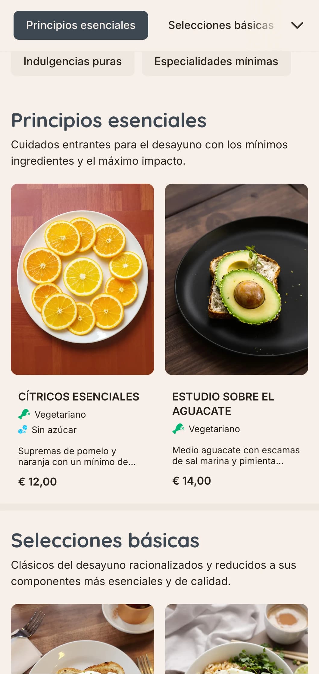 Desayunos limpios y sobrios con un emplatado preciso e ingredientes esenciales para los minimalistas más exigentes.