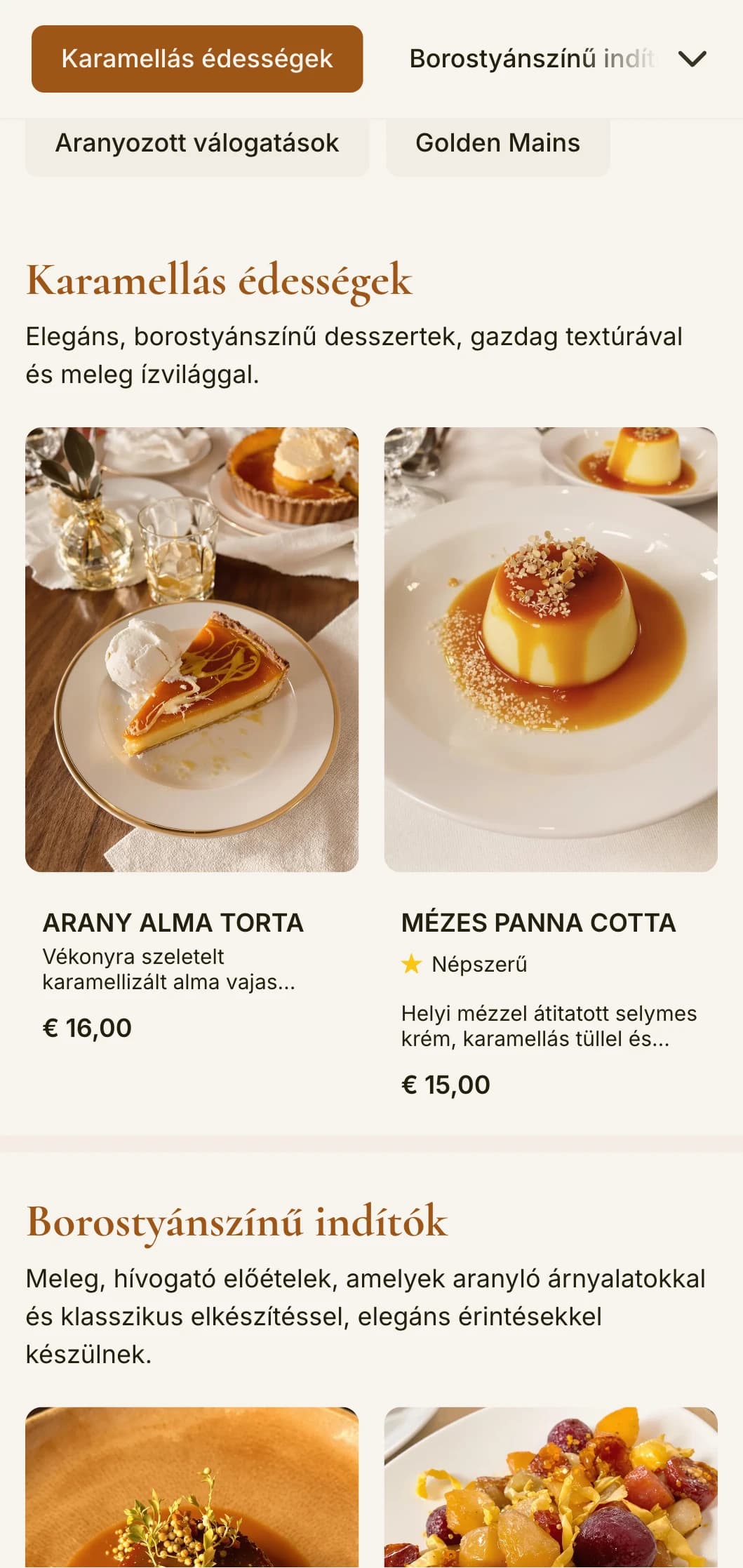 Meleg, borostyánszínű vacsora menü klasszikus dizájnelemekkel, tökéletes az aranyóra hangulatú létesítmények számára.