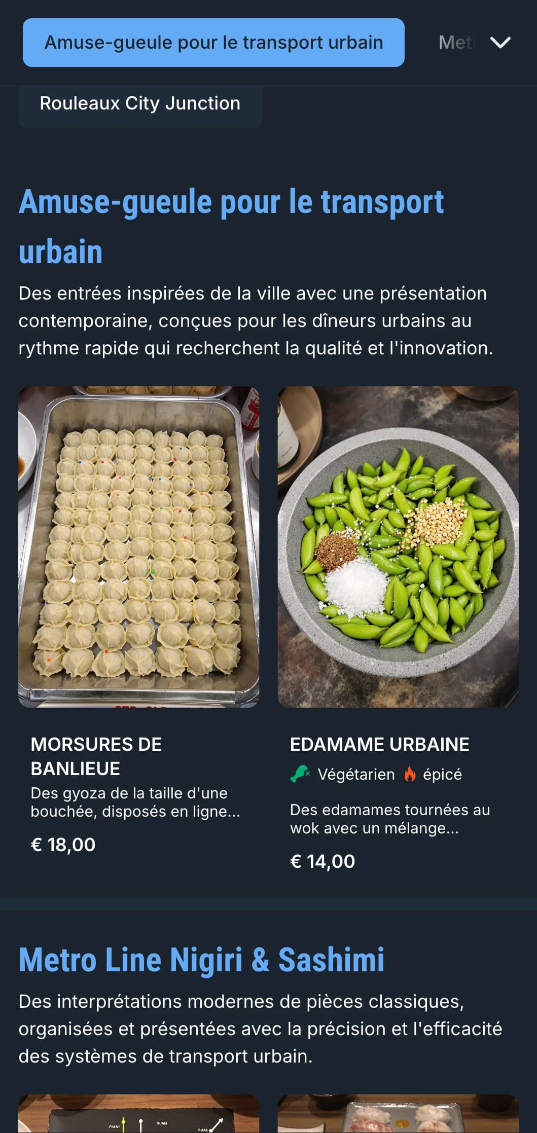Menu de sushi urbain, inspiré du métro, avec des accents bleus et une typographie contemporaine pour les centres-villes.