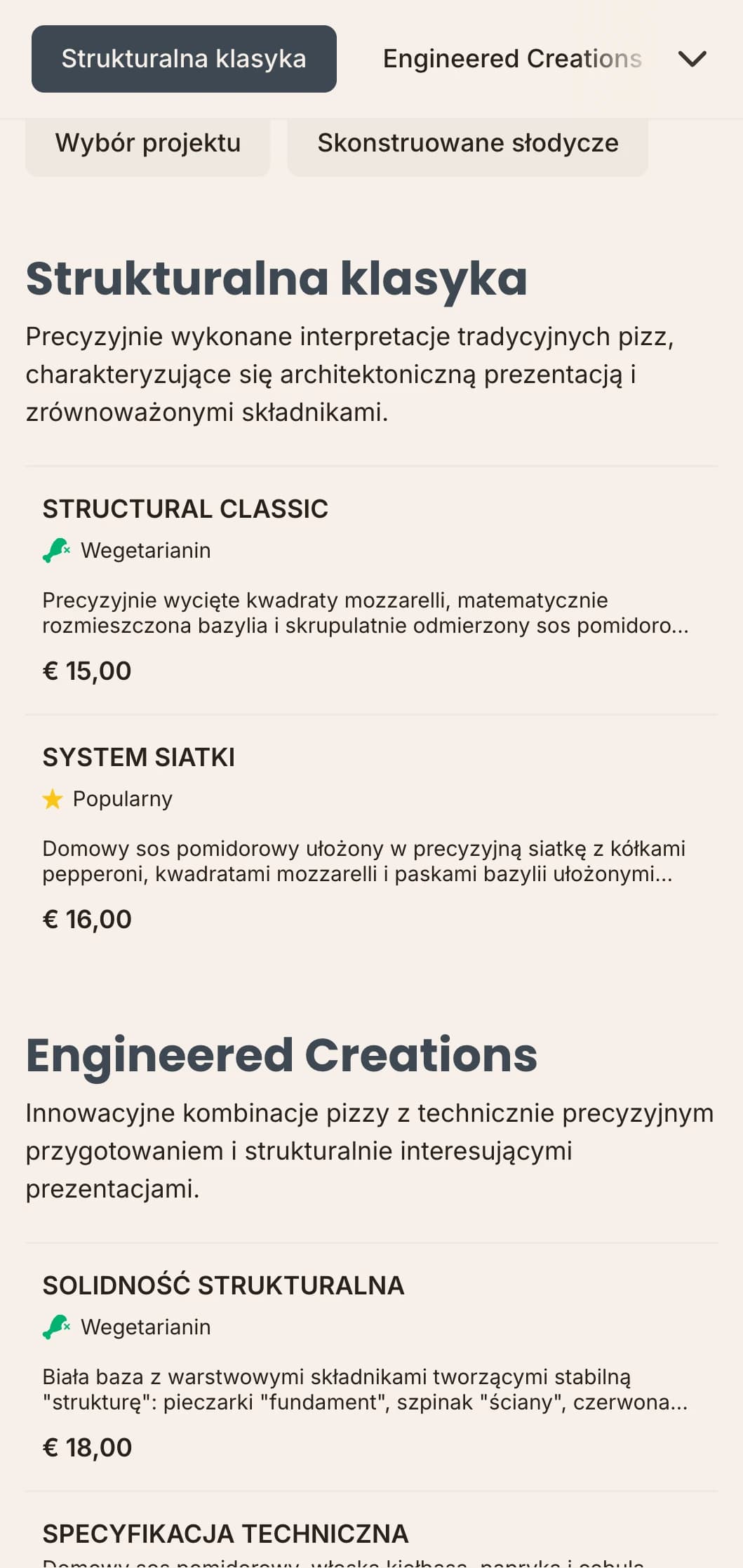 Inspirowane architekturą menu pizzy z precyzyjnym układem i estetyką techniczną.