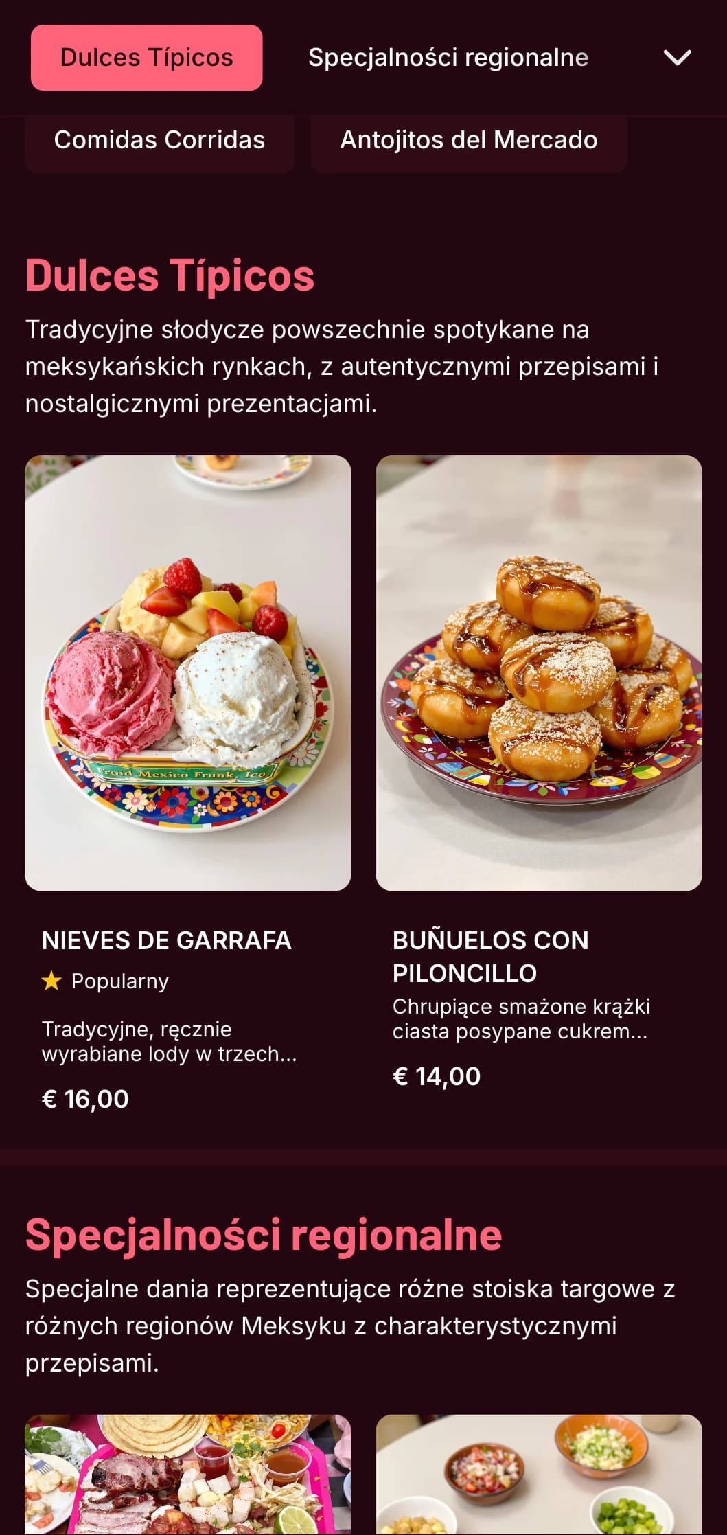Kolorowe i autentyczne menu inspirowane meksykańskim rynkiem z jasnoróżowymi akcentami, świeżymi składnikami oraz tradycyjnymi antojitos i ulicznymi potrawami.